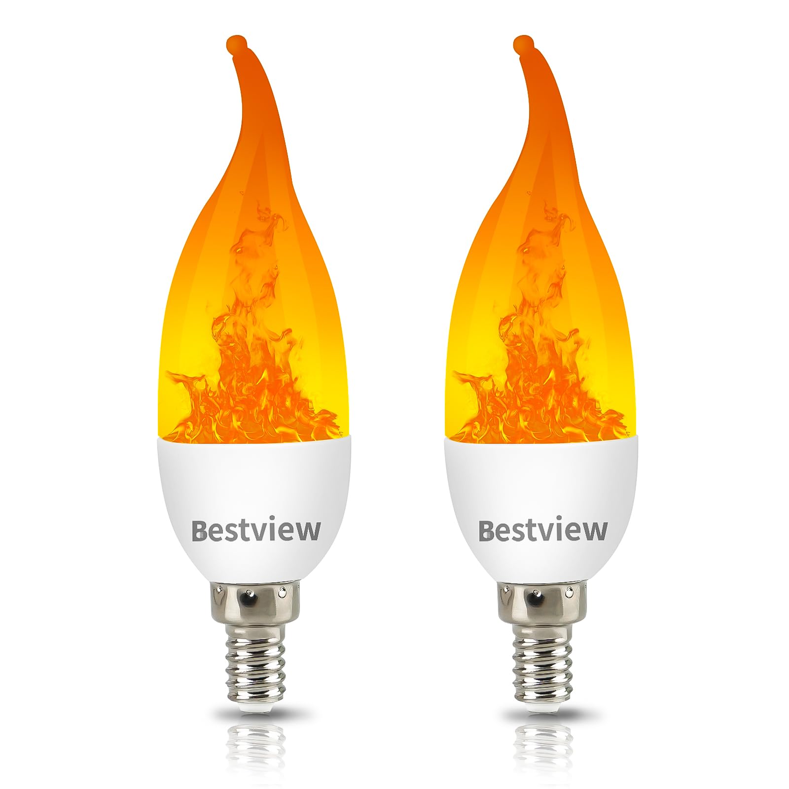 Bestview LED Flame Effect Light Bulbs, E12 Chandelier Base, Warm Yellow, 3 Modes, 2 Pack for Indoor & Outdoor Decoration