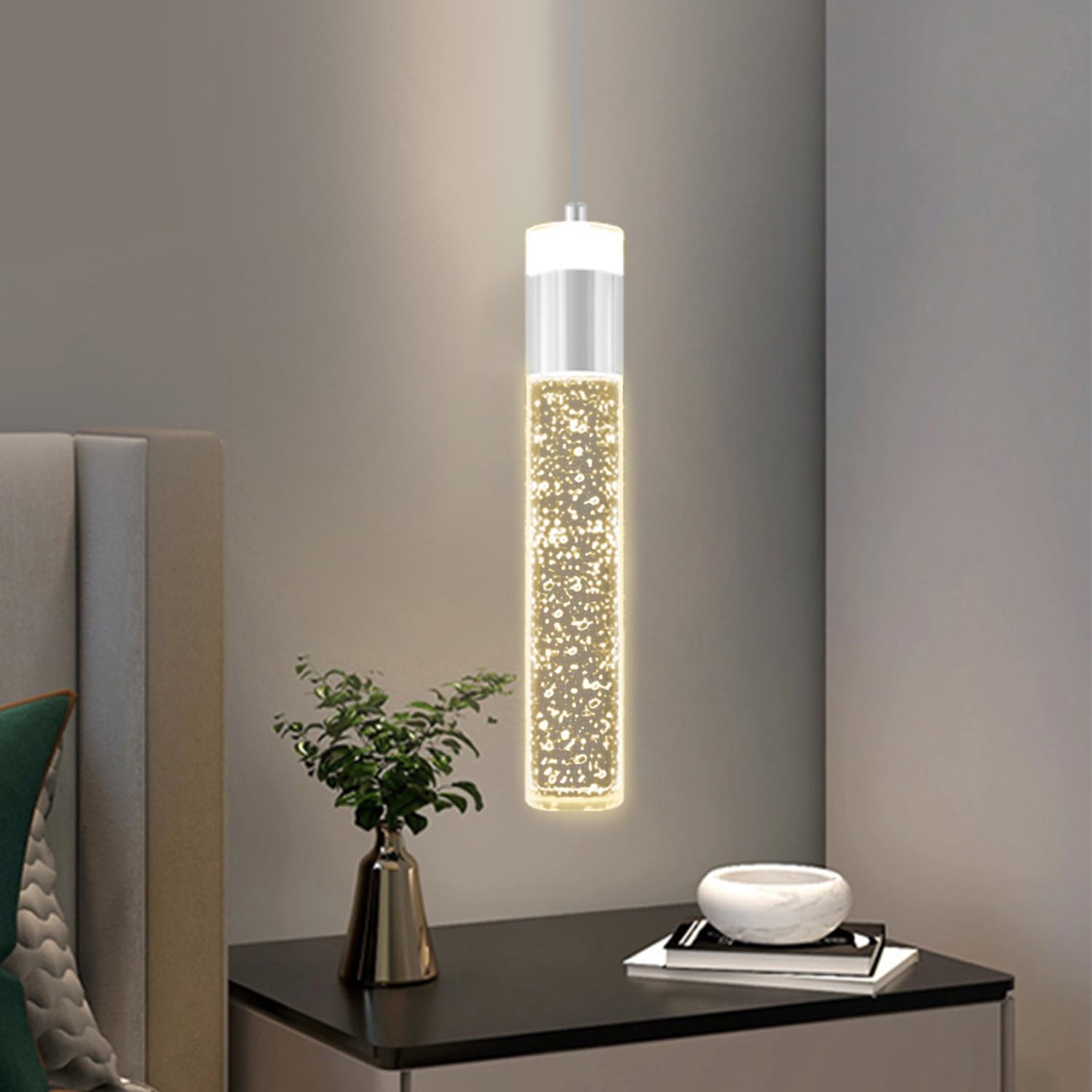 Modern Led Chrome Crystal Pendant Light Kitchen Island, Bedroom Bedside Hanging Ceiling Lamp With Crystal Bubble Column, Dimmabl