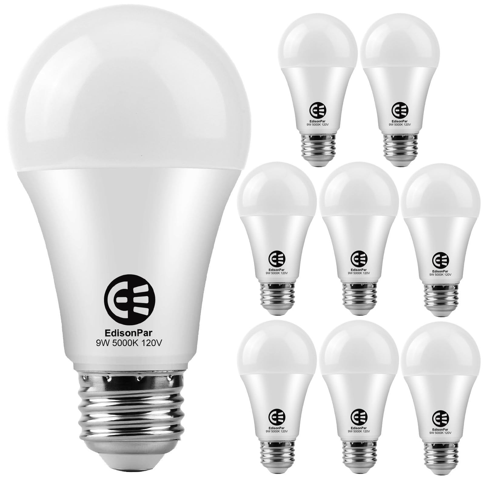 Edisonpar A19 8-Pack Led Light Bulbs, E26 Base 75W Equivalent 1000Lumens 5000K Daylight, Cool White Non-Dimmable 9W 120V 25000Hr