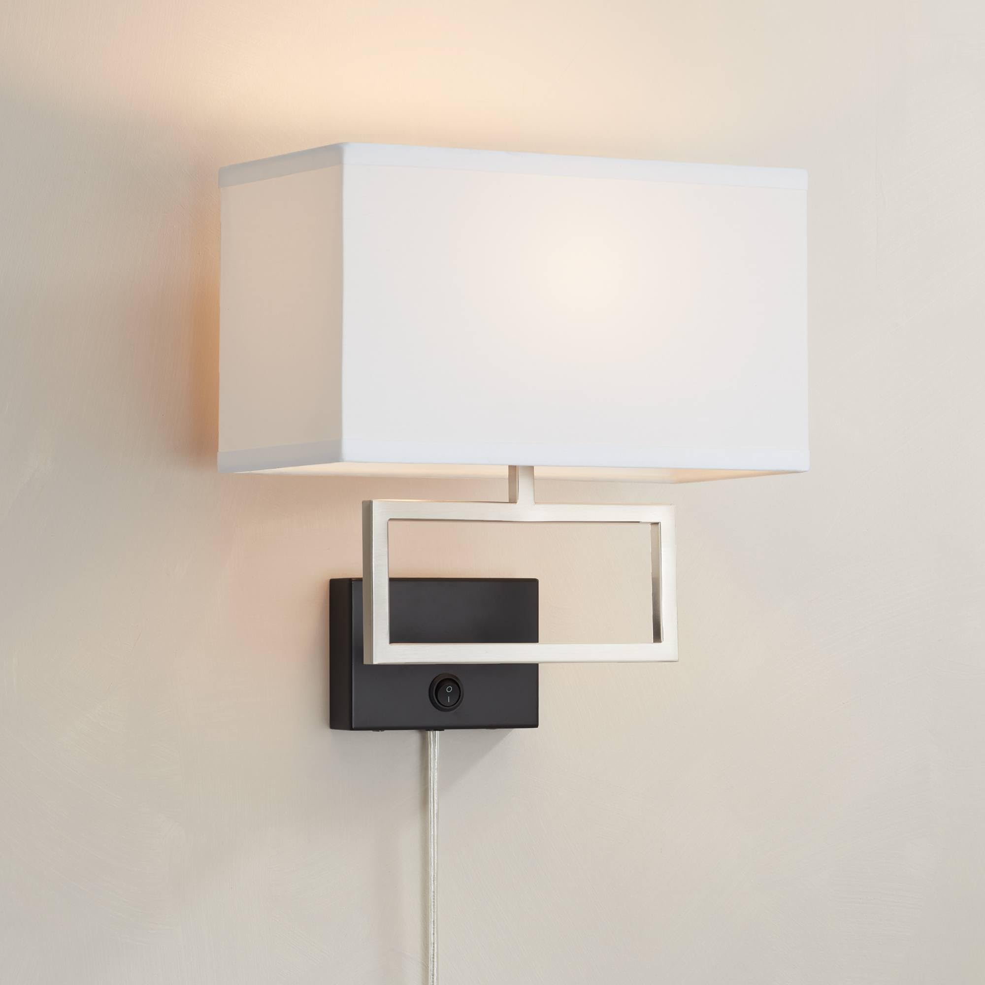 Possini Euro Design Trixie Modern Wall Lamp, Brushed Nickel, Rectangular Fabric Shade, Plug-in Light Fixture, Model Everenty