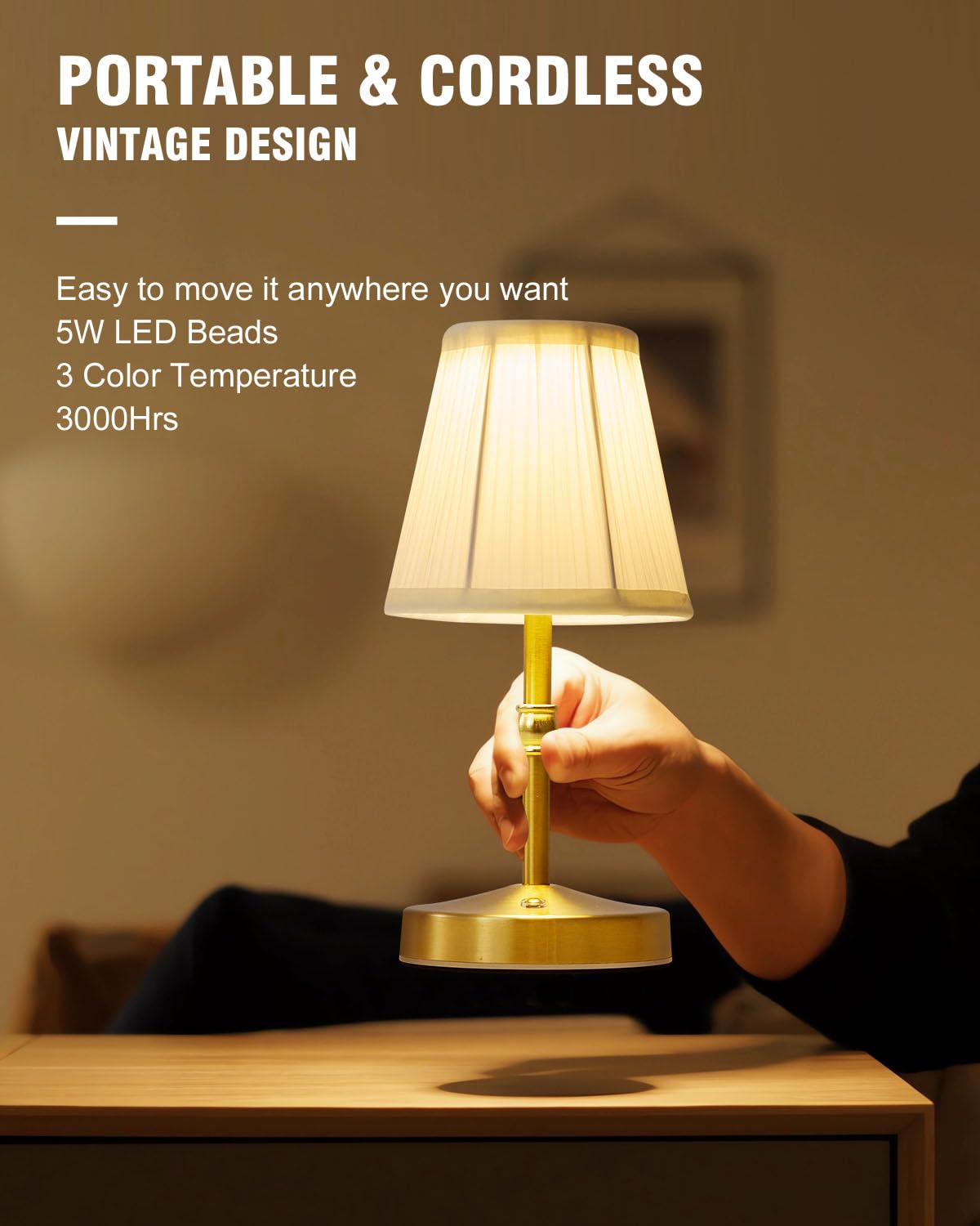 5W Mini Cordless Lamp Gold,3000 Mah Small Battery Operated Lamp,Vintage Small Table Lamps,3 Level Dimmable Rechargeable Lamps,De