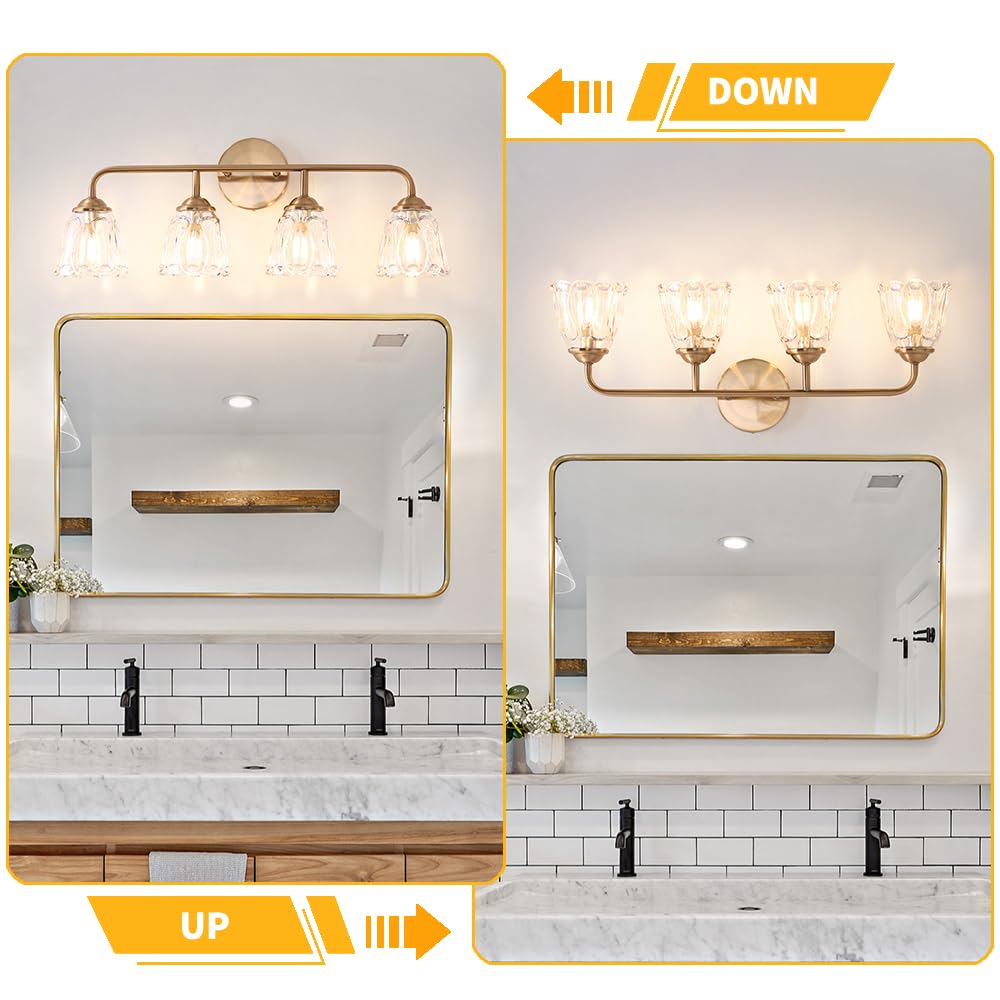 Vintage Brass Gold Vanity Lights For Bathroom, 4-Light Bathroom Lighting Fixtures Over Mirror, Elegant Flower Glass Bathroom Van