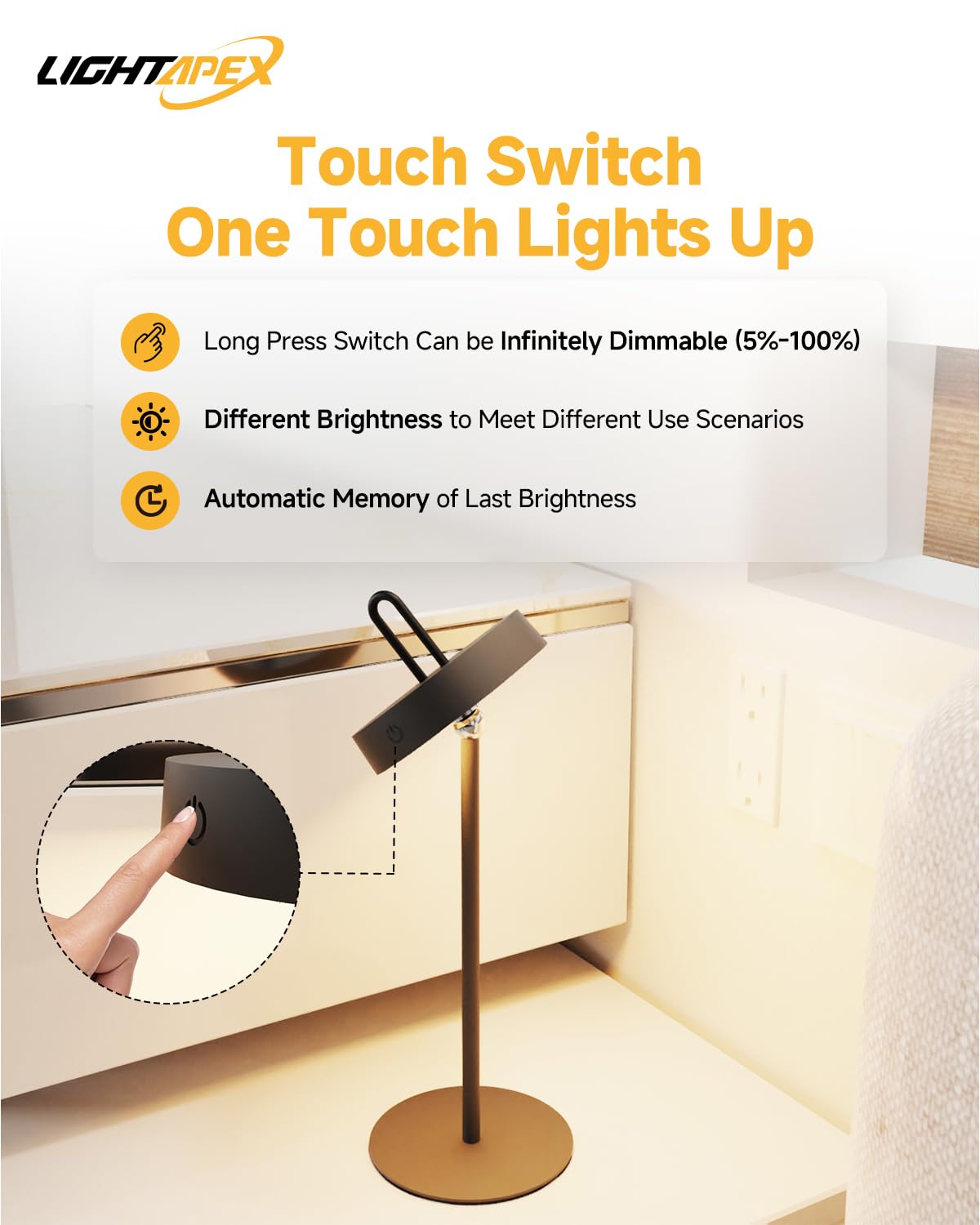 Lightapex Cordless Table Lamps, 2-Pack, Rechargeable Portable Lamps With Stepless Dimming, Touch Control, Detachable Magnetic De