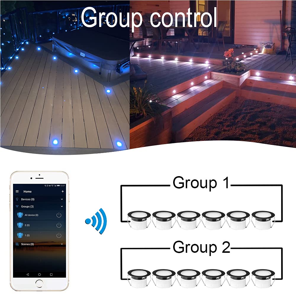 FVTLED D31B LED Deck Lights Kit, 20pcs RGBW Waterproof Recessed Lighting, Smart WiFi Control, Stainless Steel, Black