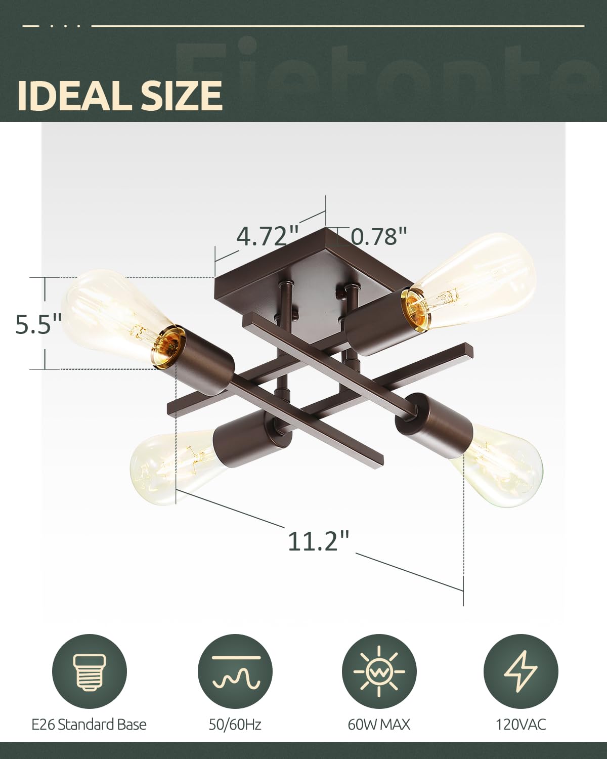 Eietonte 4-Light Semi Flush Mount Ceiling Light Fixture, Metal, Oil-Rubbed Bronze, EIECL001-ORB1P, 1 Count