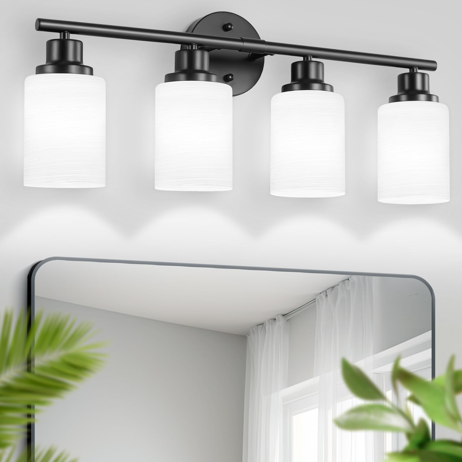 Guliaofo 4-Light Matte Black Vanity Light Fixture with Milky White Frosted Glass Shade, Model Gu-111-LWNBH-3