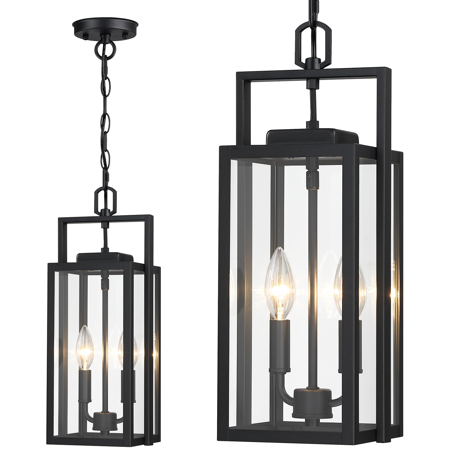 Large Outdoor Pendant Light 2-Light, 17.75'' Modern Black Metal Outside Chandelier Exterior Hanging Fixture Ceiling Mount with C