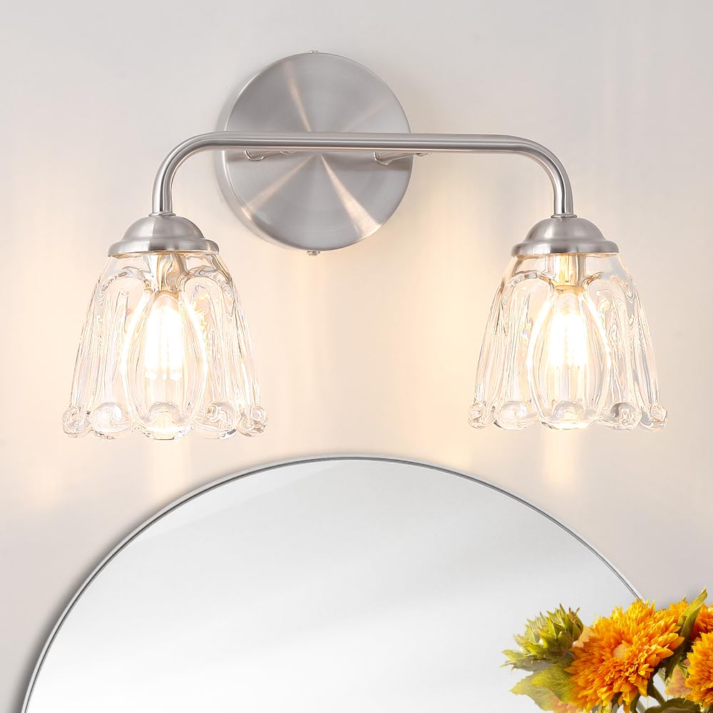 Daunton Vintage Vanity Lighting For Bathroom, Nickel Bathroom Lights Over Mirror, 2-Light Elegant Bathroom Vanity Light, Bathroo