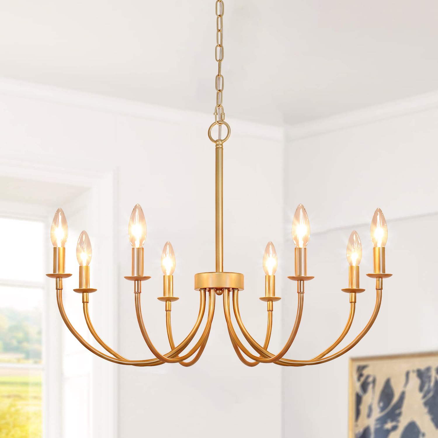 Farmhouse Chandelier For Dining Room, 8-Light 26'' Rose Gold Dining Room Light Fixture, Rustic Candle Chandeliers Vintage Modern