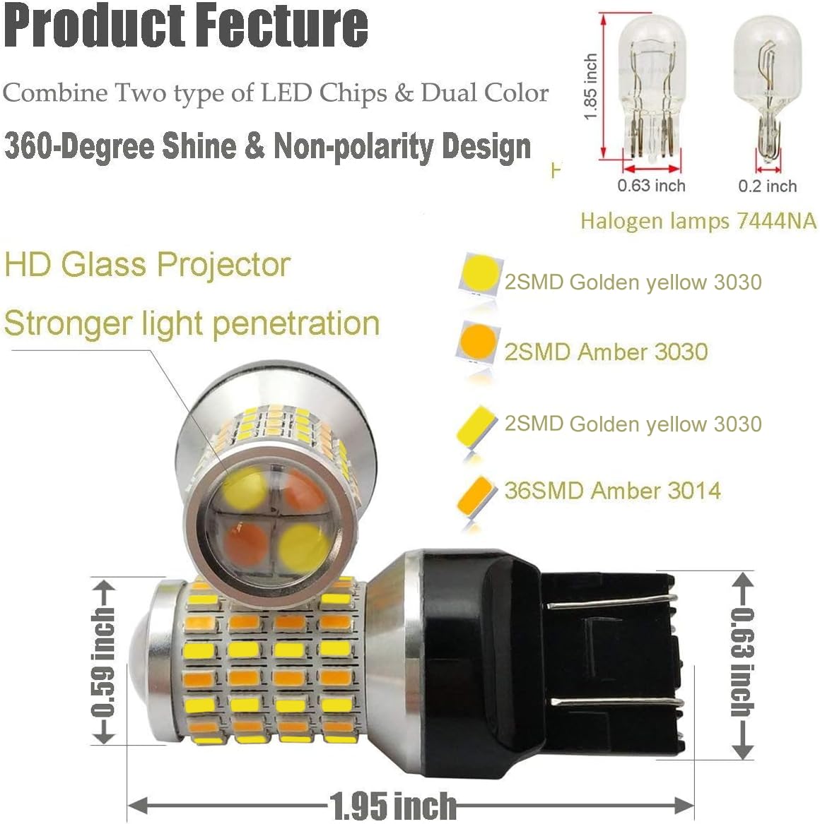 iBrightstar 7443 Switchback LED Bulbs, Gold Yellow/Amber for Daytime Running Lights and Turn Signals