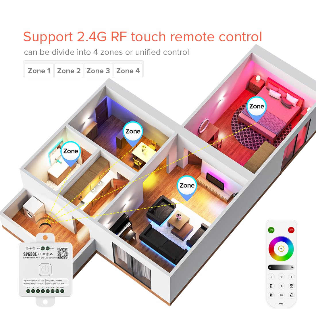 Btf-Lighting Sp630E Bluetooth Controllers 4 Zones 2.4Ghz Rf Rb3 Remote Kit Support Fcob Cob Smd Pwm Or Spi Rgb Rgbw Led Strip Ws