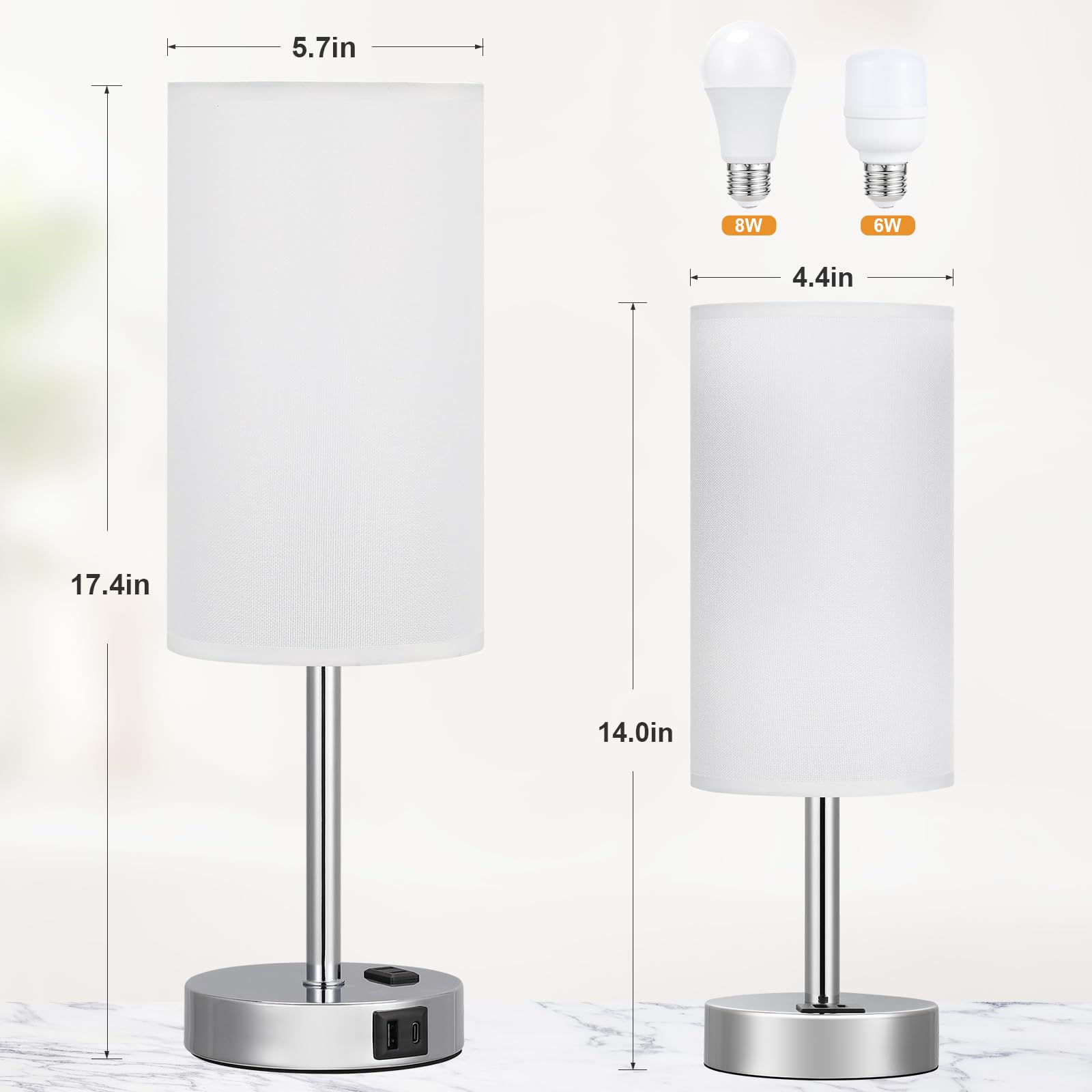 17.4Inch Bedside Touch Table Lamps For Bedroom - Tall Nightstand Lamp With Usb-C Usb-A Charging Ports White - 3 Way Dimmable Con