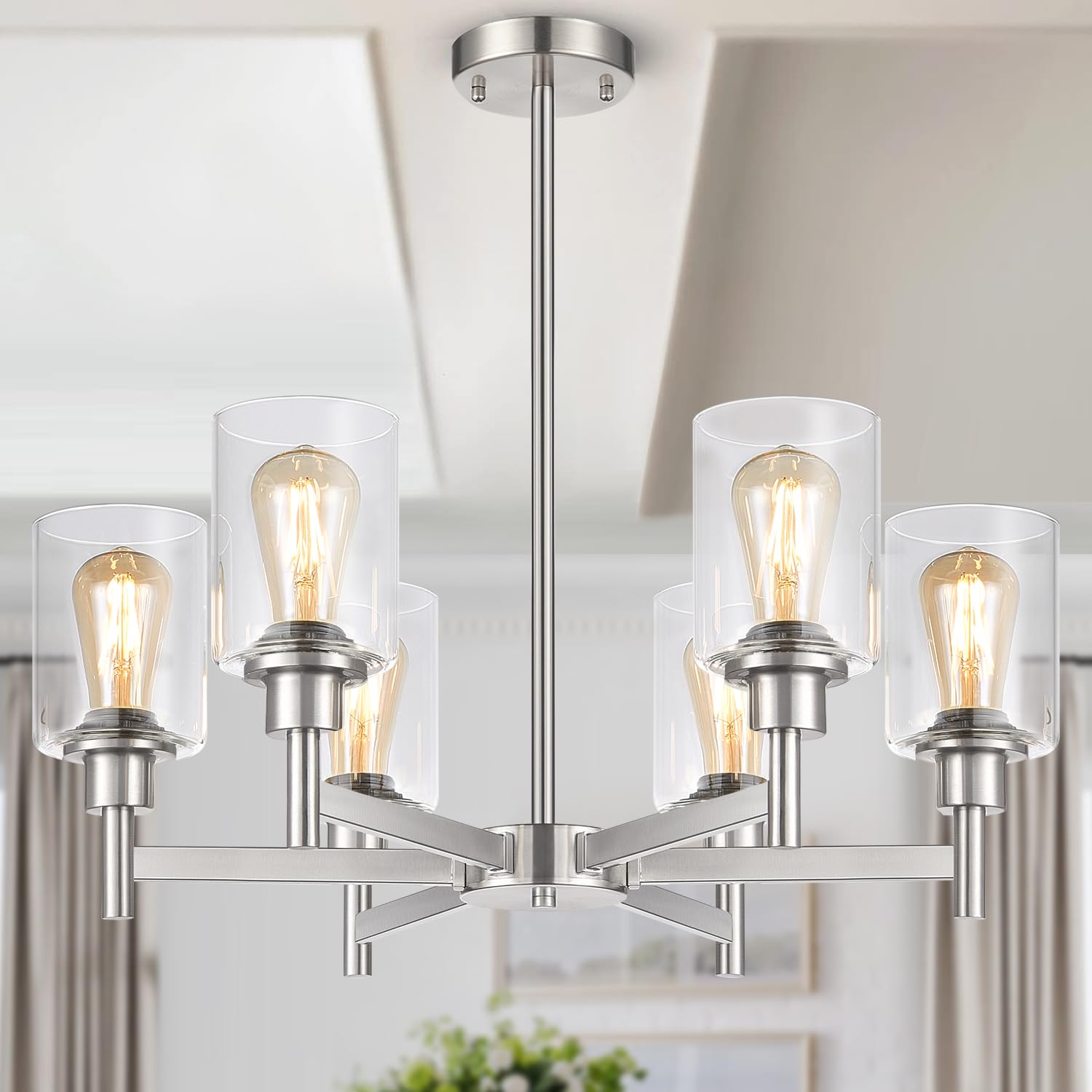 6 Light Farmhouse Chandelier For Dining Room Light Fixtures Over Table,Pendant Light Fixture With Clear Glass Shade For Living R