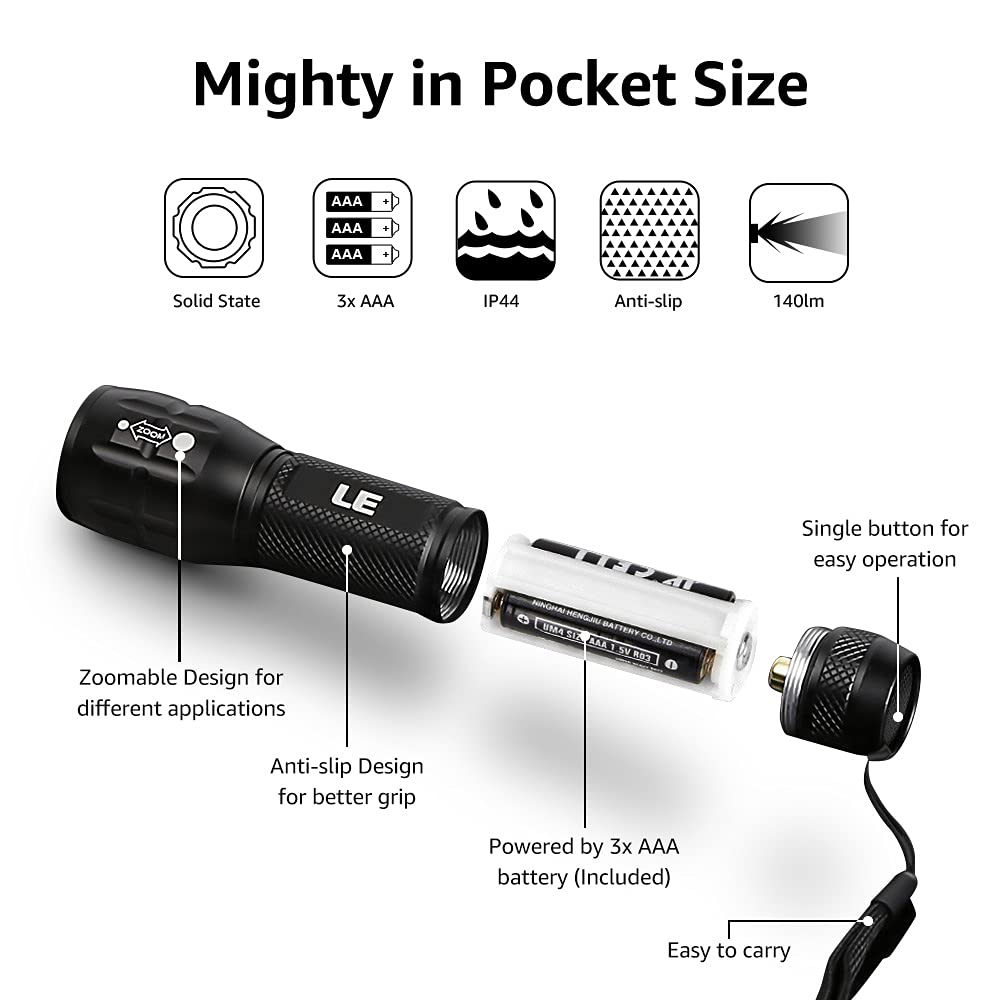 Lighting EVER LED Flashlights, High Lumens, Waterproof, Small, Aluminum, Black, Model 1200012-2-a, 2 Pack, AAA Batteries Included
