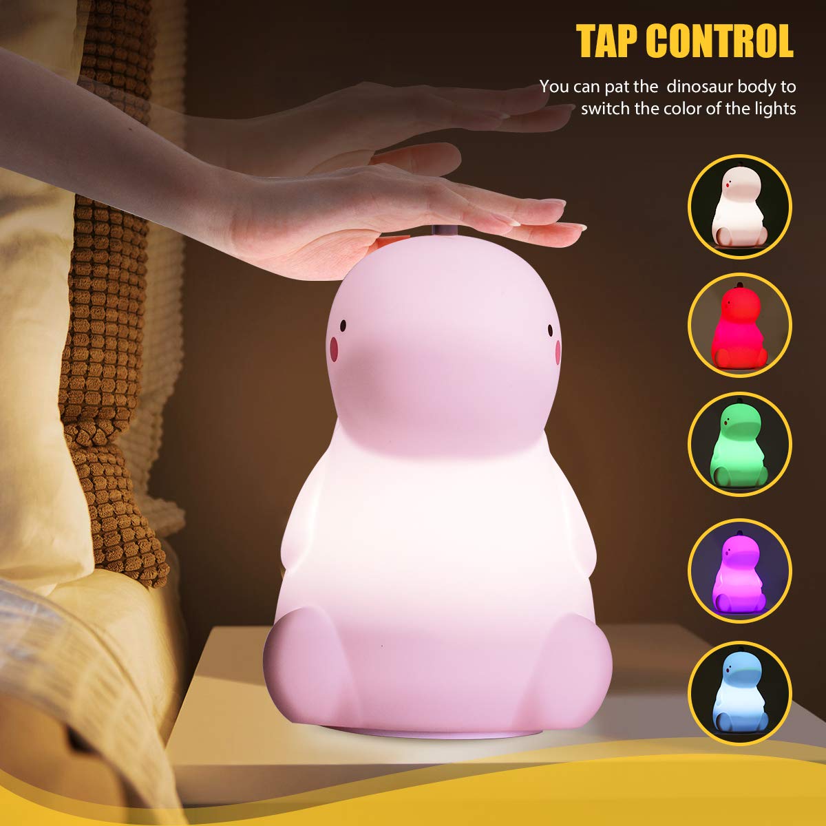 Cute Dinosaur Lamp, Toddler Night Light For Kids, 3 Level Dimmable Touch Night Light For Baby Nursery, Rechargeable Silicone Squ