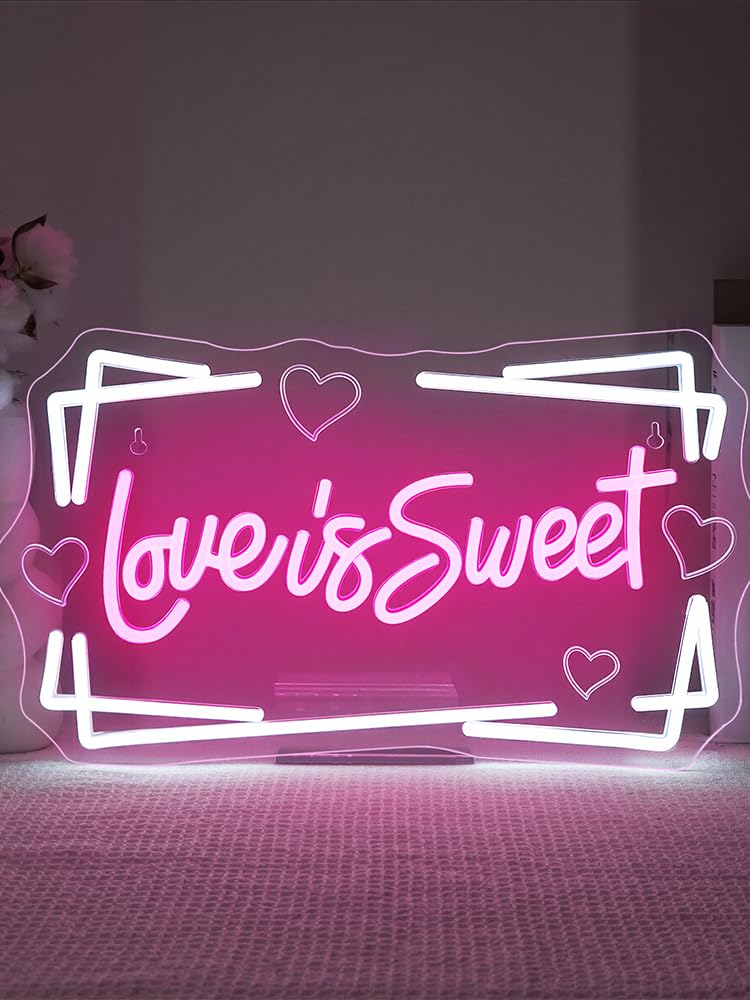 LUCUNSTAR Love is Sweet Neon Sign, LED Light for Wedding Decor, USB Connectivity, Dimming Switch, Love-Pink