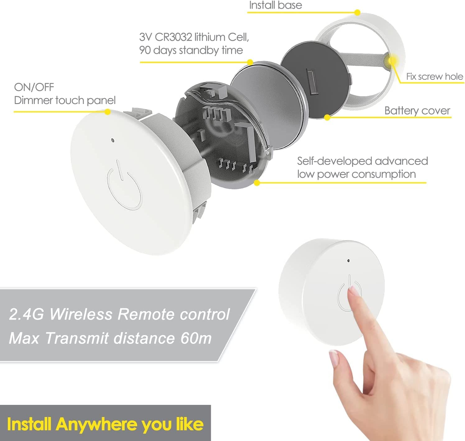 VST Under Cabinet Mini Panel Lighting 6PCS 3.94in 12V 2.5W Round White with Wireless Dimmer Switch, Model PL07-WL-3P-B