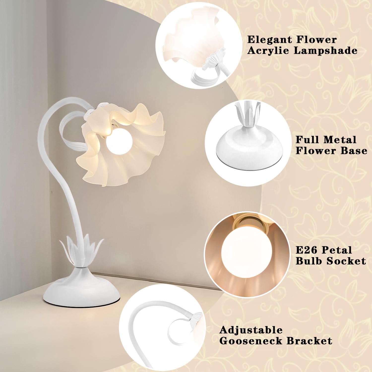 Werfop Vintage Flower Table Lamp, Led Reading Lamp Cute Flower Bedside Night Light 3 Color Modes Gooseneck Desk Lamp Kawaii Deco