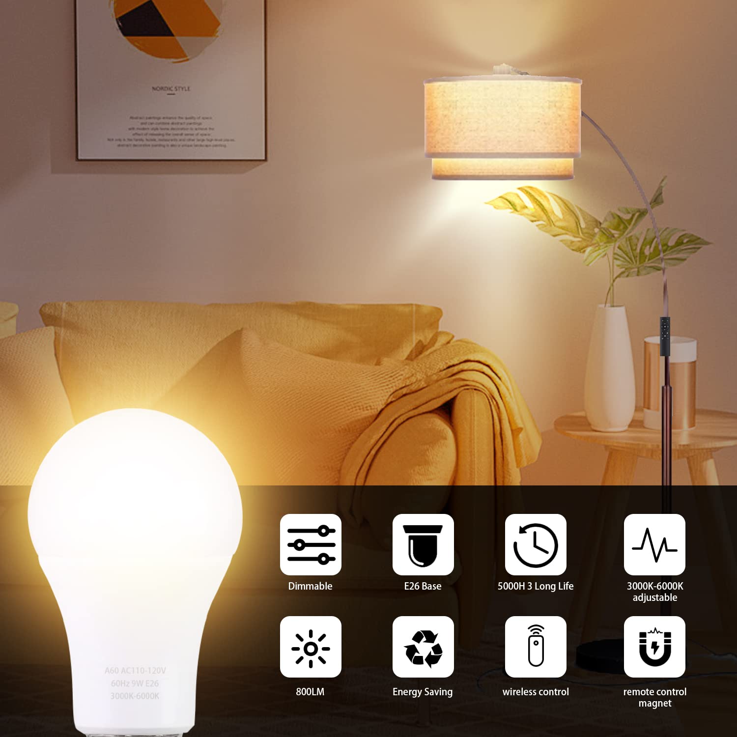 MXhme A19 LED Light Bulbs, 800LM 9W, Stepless Dimmable 3000K-6000K, E26 Base, 2 Bulbs & 2