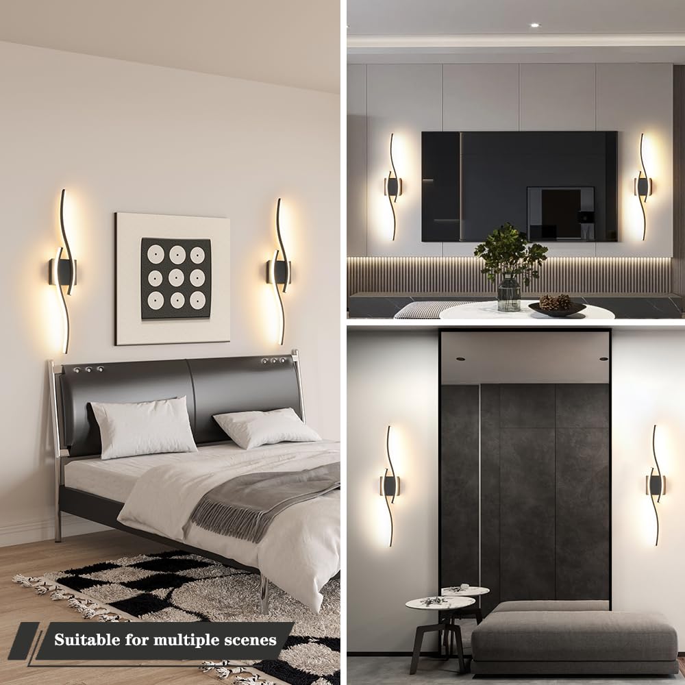 Daunton Modern Hardwired Wall Sconce Set of 2, LED Black Light 27.5in, Dimmable with Remote Control, Metal, Model DX23014V1S-BK