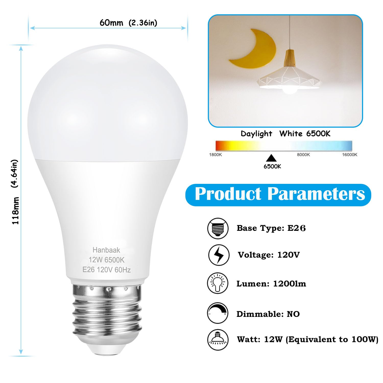 Hanbaak 100W Equivalent Light Bulb, 12W E26 Led Bulbs, Non-Dimmable, Daylight White 6500K 4-Pack