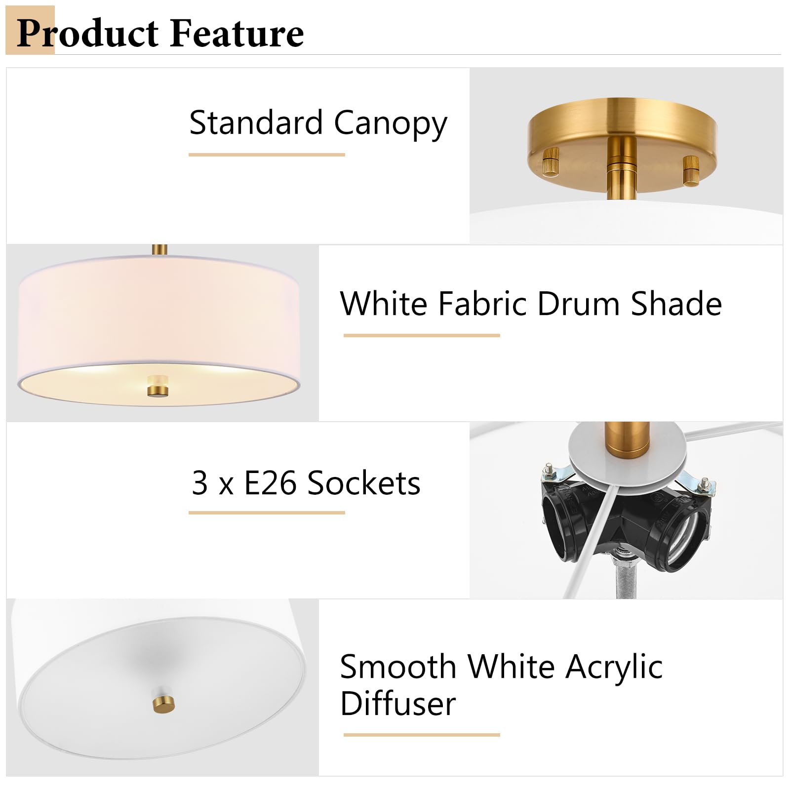3-Light Gold Semi Flush Mount Ceiling Light,12'' Drum Light With White Fabric Shade,Modern Close To Ceiling Light For Bedroom, L
