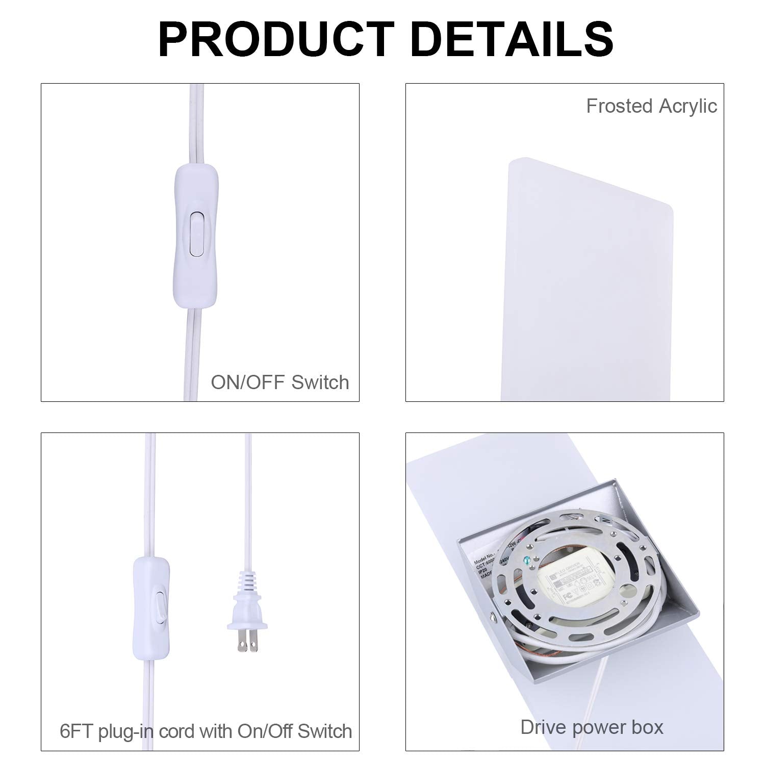 TRLIFE Modern Wall Sconce - 12W Acrylic Light, 6000K Cool White, Plug-in with 6FT Cord, On/Off Switch, 1 Pack
