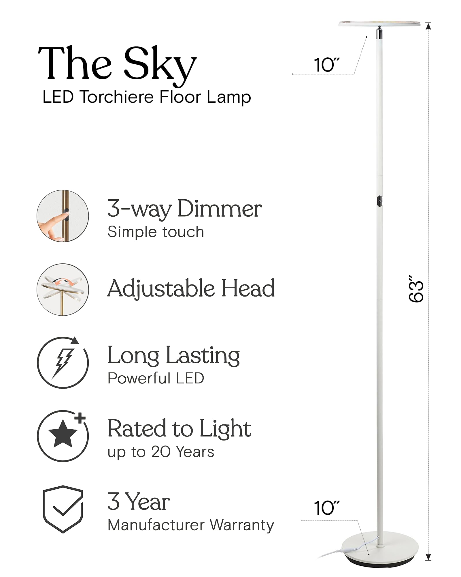 Brightech Sky LED Torchiere Super Bright Floor Lamp - Contemporary, High Lumen Light for Living Rooms and Offices - Dimmable, In