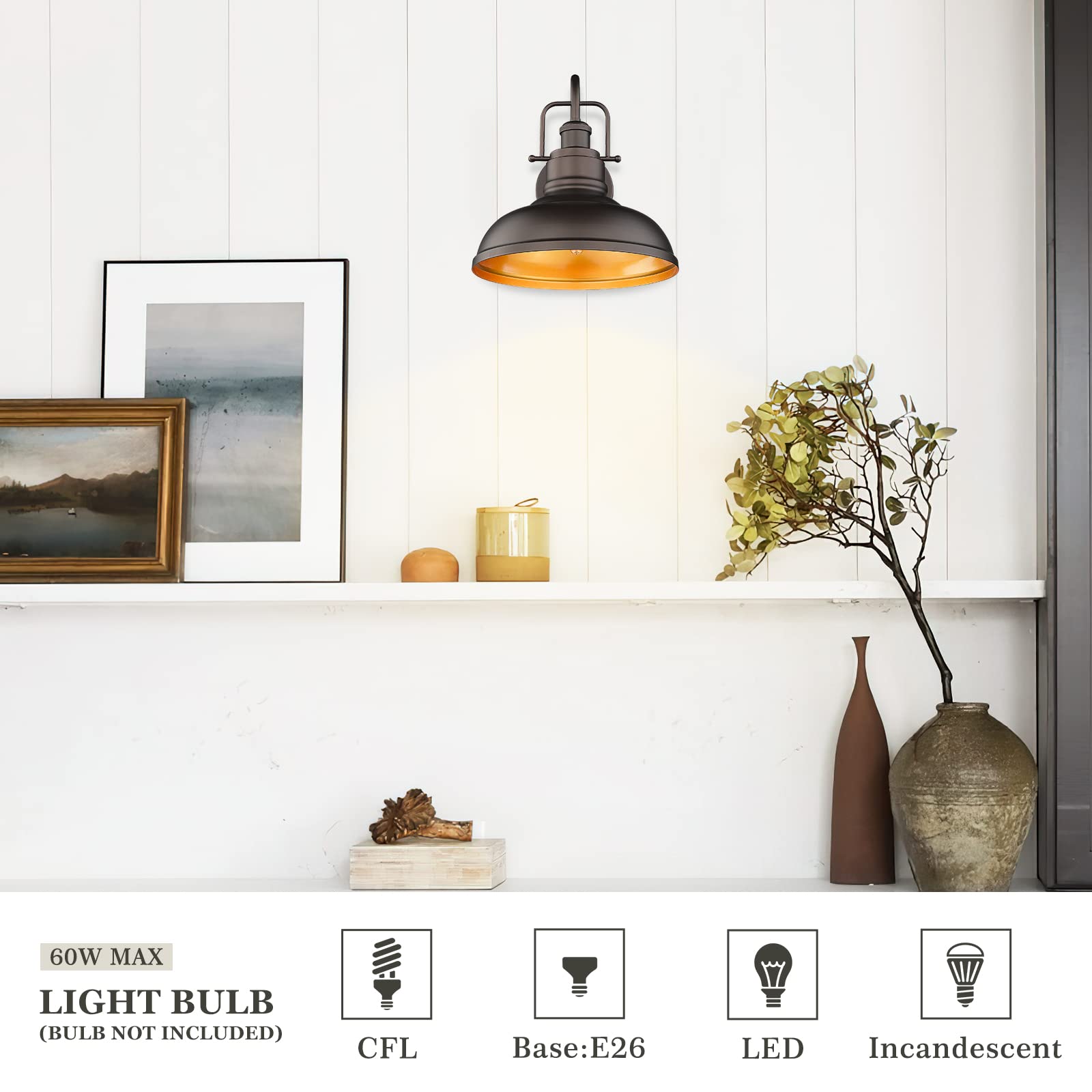 Zeyu Gooseneck Wall Lights 2 Pack, 11 Inch Farmhouse Barn Light Fixtures Indoor And Outdoor, Metal Dome Shade In Oil Rubbed Bron