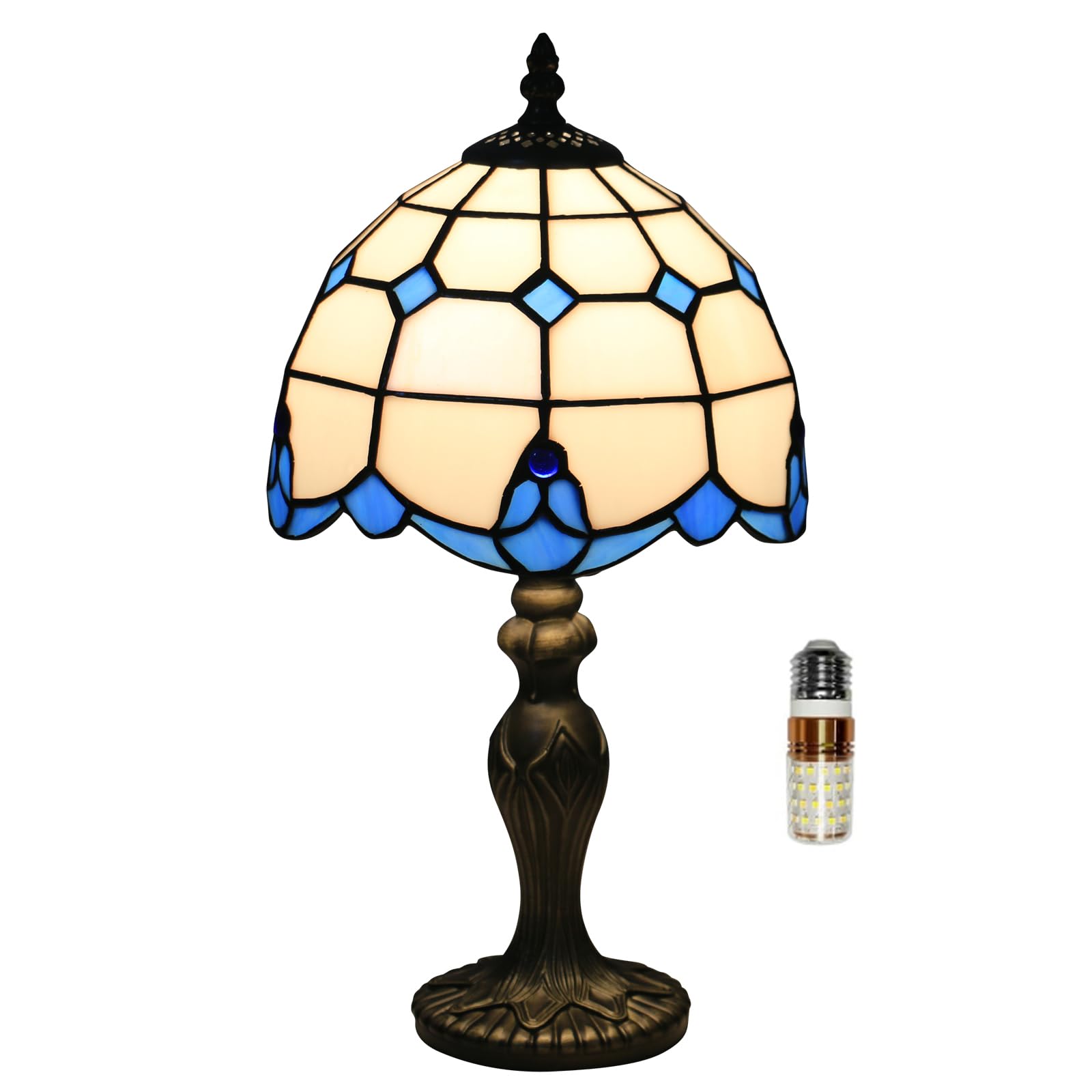 Tuomoxte Tiffany Table Lamp, Tiffany Style Stained Glass Lamp, 8 Inch Small Antique Bedside Lamp, For Nightstand Bedroom Living Room Home Office, Blue, Include Led Bulb