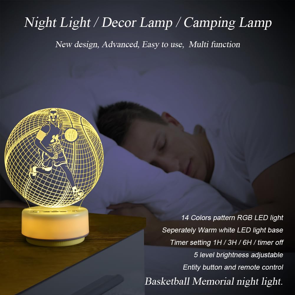 Basketball Night Light Sports Table Mood Lamp,14 Colors Pattern & Warm White Luminous Base Desk Light, Entity Key/Timer/Remote C