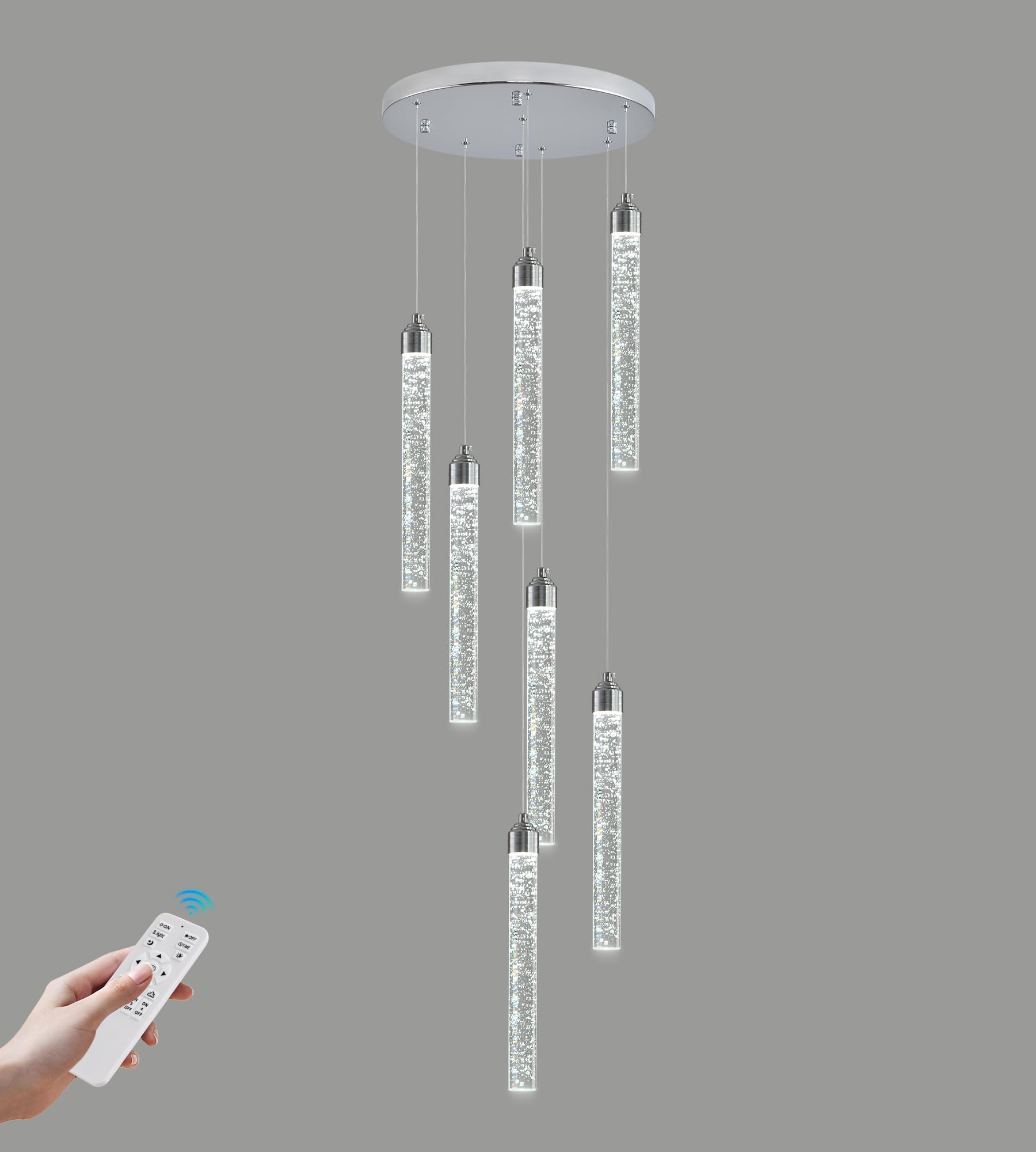 7-Lights High Ceiling Crystal Staircase Chandelier Chrome Pendant Lights Modern Spiral Raindrop Dimmable LED Bubble Cluster Ceil