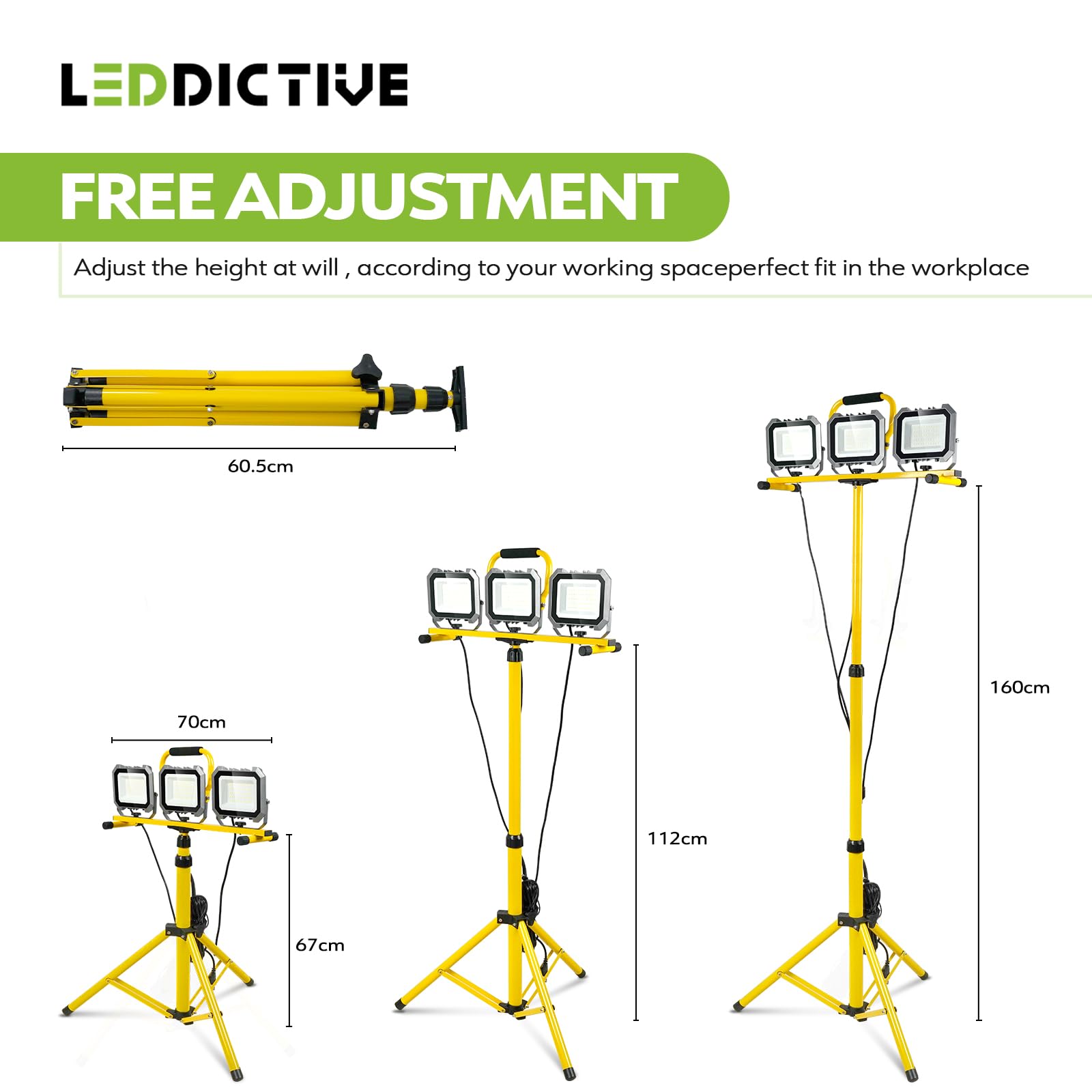 30000Lm Work Lights With Stand, Ip66 Waterproof 6000K Led Work Light With Foldable Tripod Stand, 3 Head Portable Work Light With