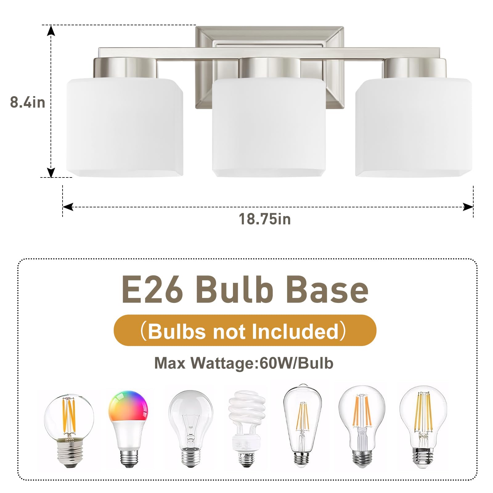 Ejiaxin 3-Light Bathroom Light Fixtures - Brushed Nickel Bathroom Vanity Lights With Glass Shade Modern Bathroom Lighting Fixtures Over Mirror - Wall Sconce Lamps For Bedroom Living Room Hallway