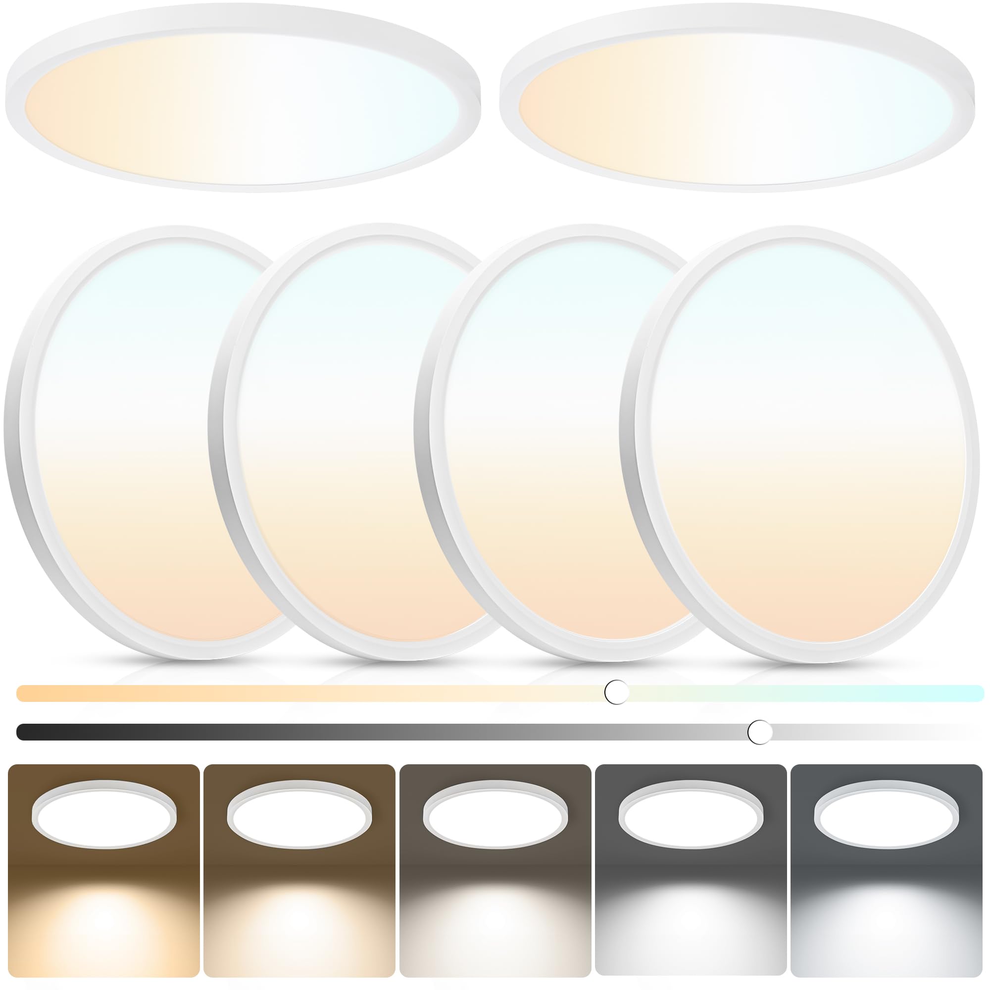 Laiyidia 6-Pack of 12 Inch LED Flush Mount Ceiling Lights  2640LM 24W Dimmable & 5CCT Adjustable  Ultra Slim Flat Lighting Fixture for Low Ceilings  Bedroom  Hallway  Basement  Apartment  White