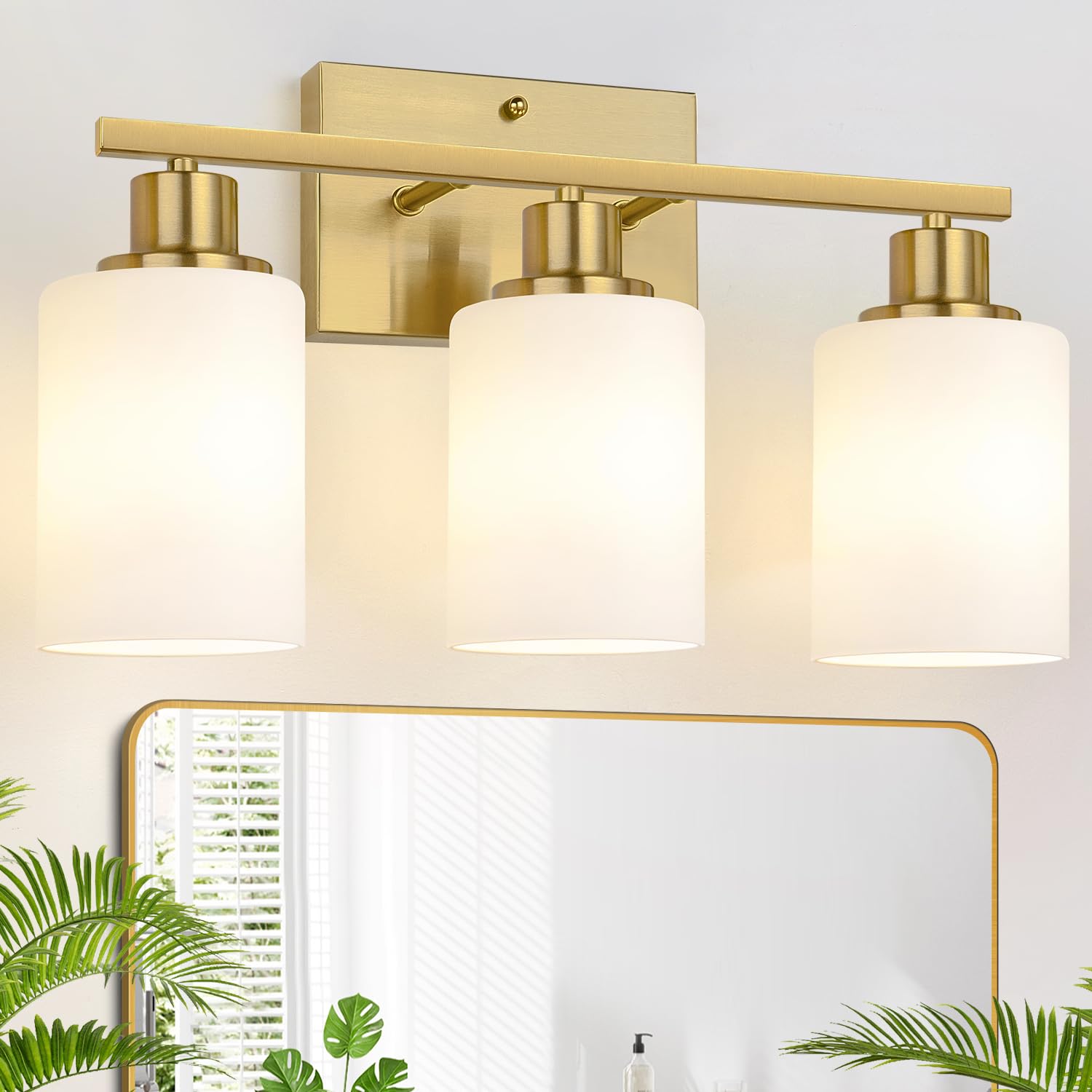 3-Light Bathroom Light Fixtures  Brushed Gold Vanity Light With Milky White Shades  Bathroom Lighting Fixtures Over Mirror  Modern Bathroom Wall Lamp For Mirror Living Room Cabinet Bedroom