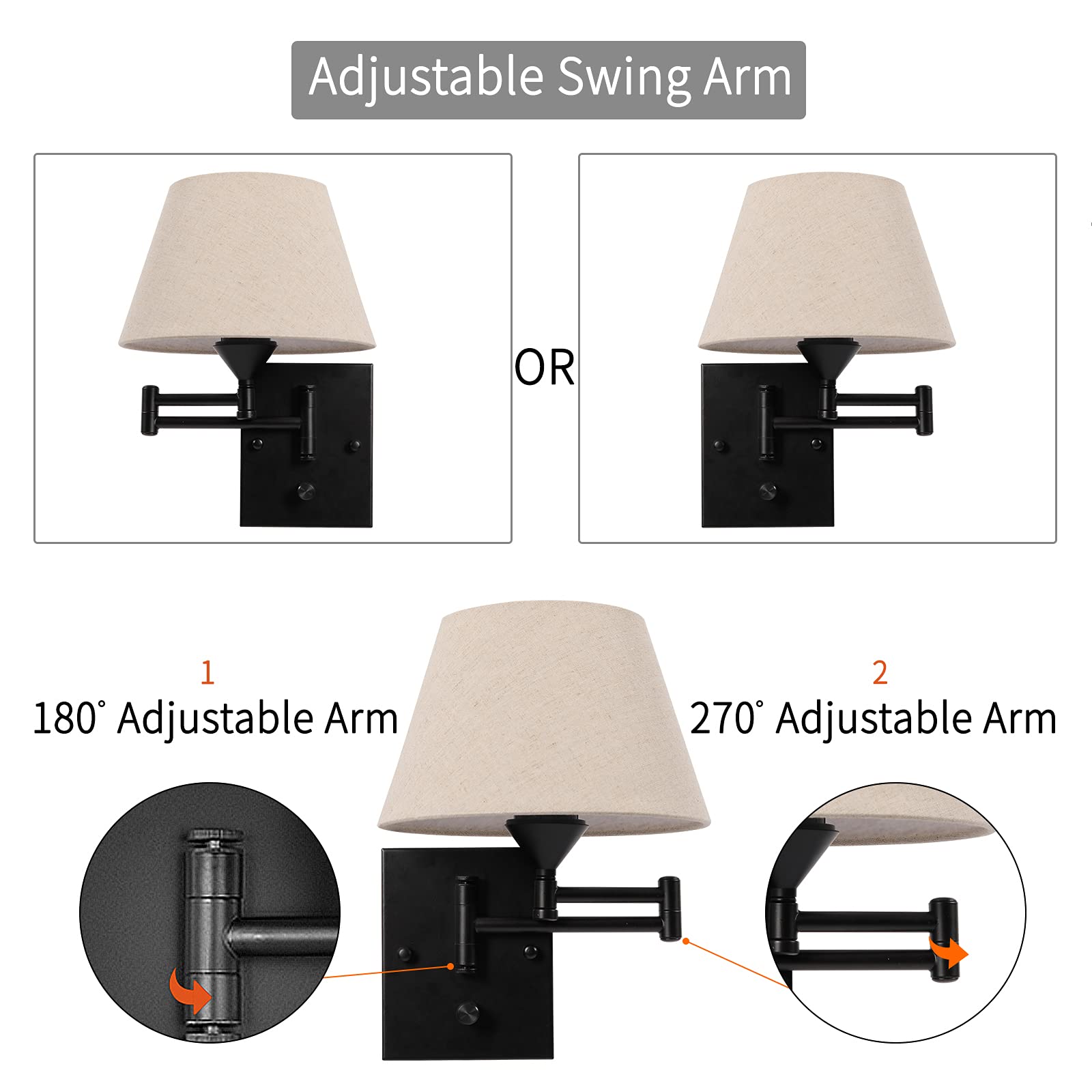 Pauwer Plug in Wall Sconce Set of 2, Swing Arm Lamp, Metal Fixture with Fabric Shade, Beige, Model Pauwer-WS2-PlugIn