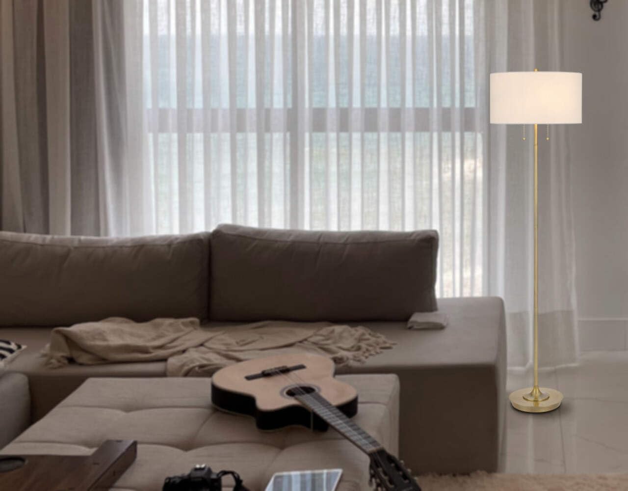 HomeRoots Brass Two Light Traditional Floor Lamp with White Rectangular Shade, 64 in.