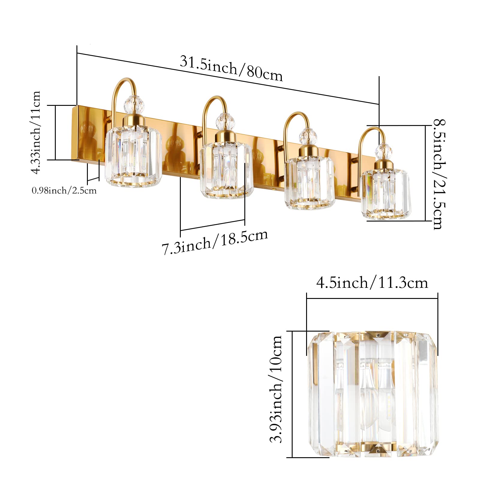 Ralbay 4-Light Brass Gold Crystal Vanity Lights - Modern Bathroom Wall Lighting Fixtures