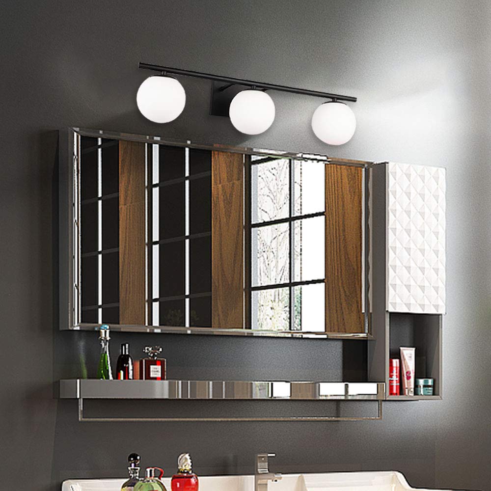 YHTlaeh New Bathroom Vanity Light Fixtures 3 Lights Brushed Black Milk White Globe Glass Shade Modern Wall Bar Sconce Over Mirro