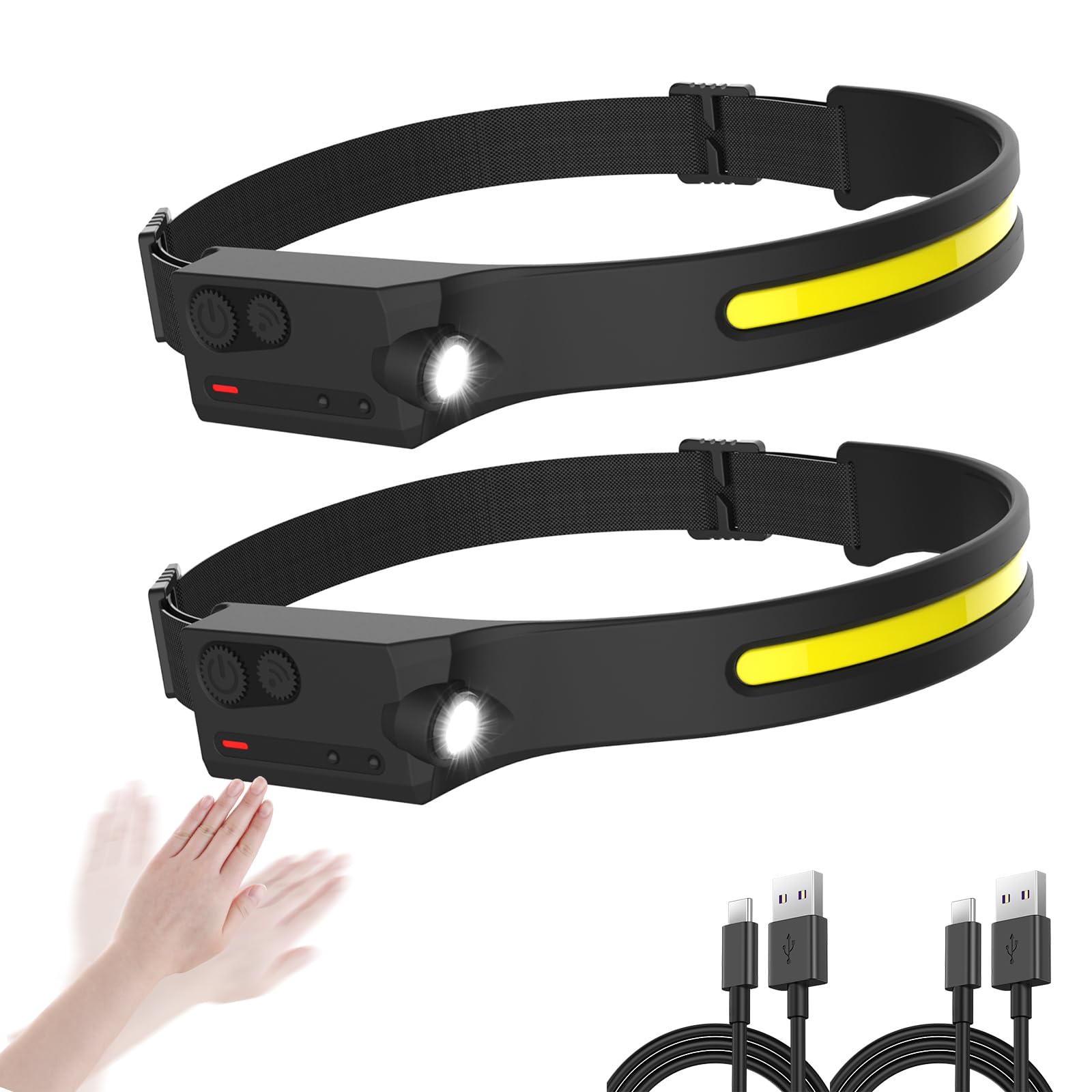 Pristar LED Rechargeable Headlamp, 350 Lumen, 5 Modes, Motion Sensor, Waterproof, 2 Pack, Black