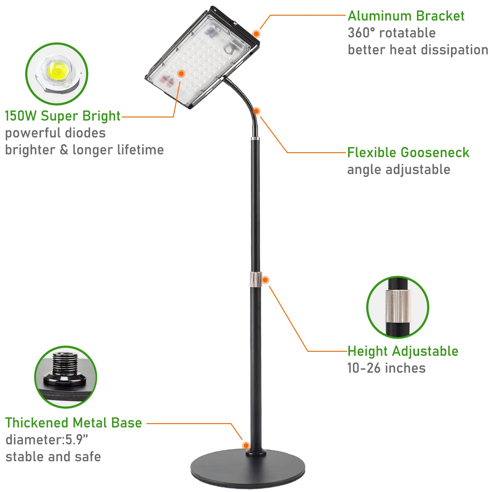 LBW Grow Light for Indoor Plants, Full Spectrum LED, Adjustable Gooseneck, One-Head, Aluminum, Model 210703, Medium Color