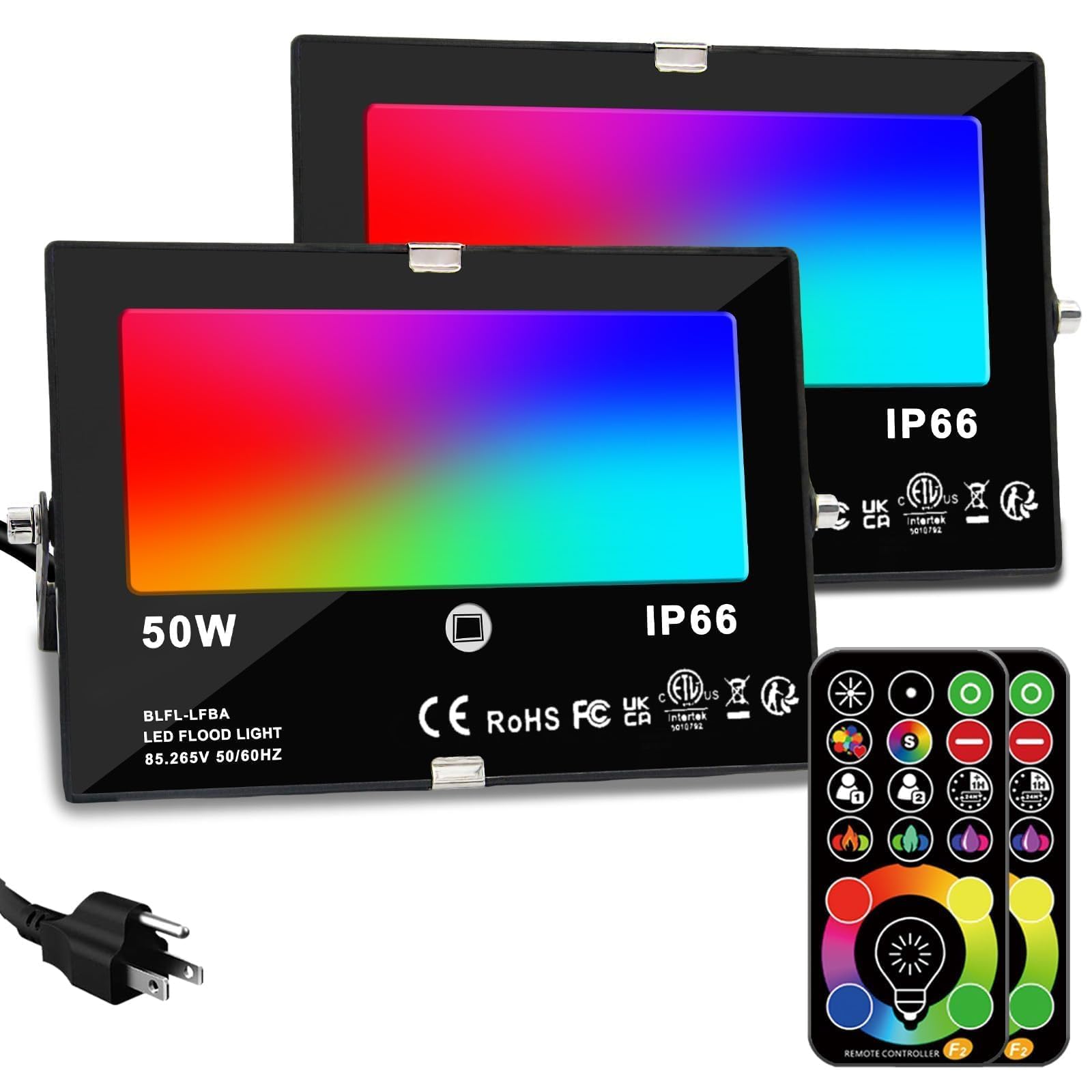 HEKEE LED Flood Light 50W RGB Color Changing 5000 Lumens, 2 Pack, Aluminum, IP66 Waterproof, Black/Clear