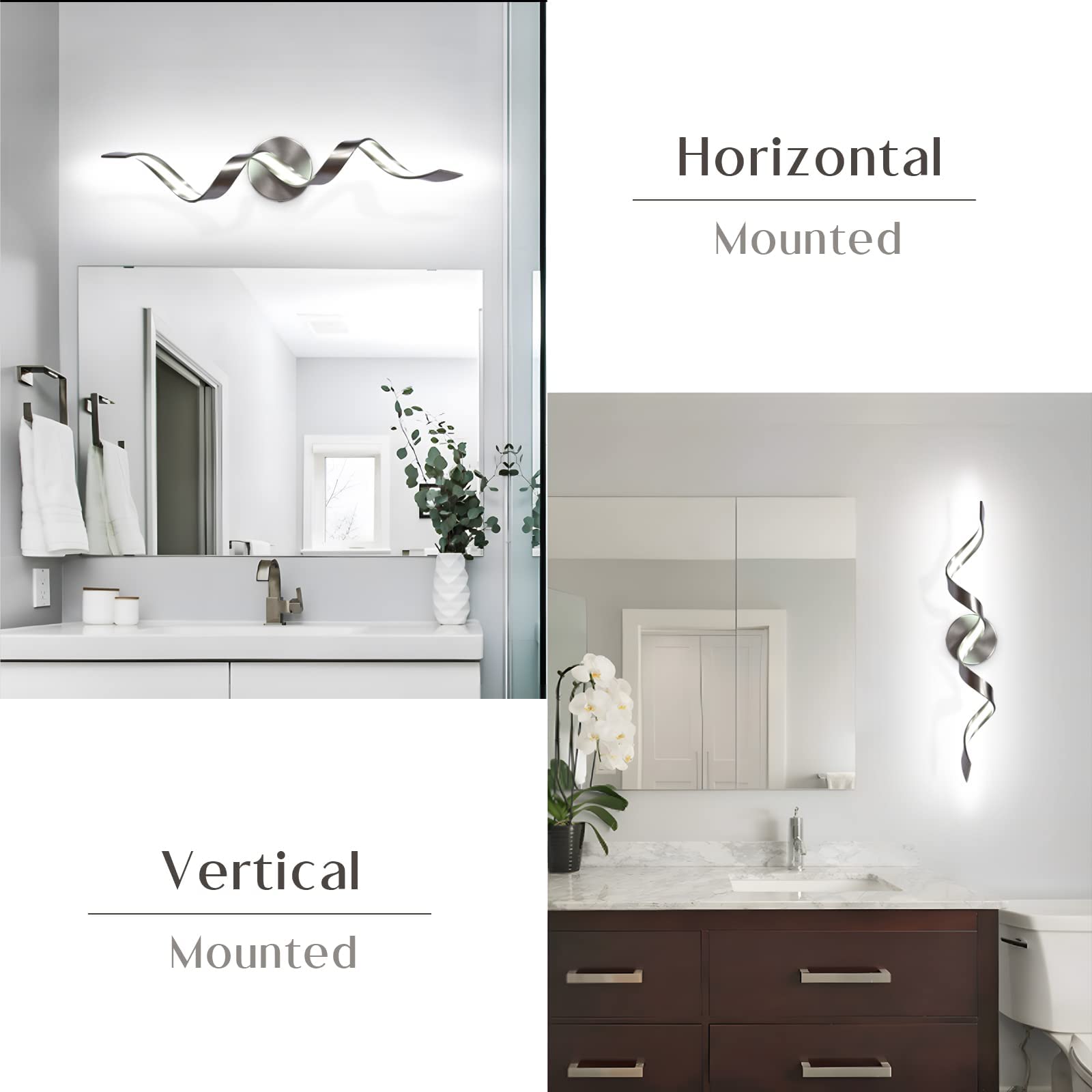 Huoku 24" Dimmable Led Bathroom Vanity Light, Brushed Nickel, Spiral Design, 15W, 6000