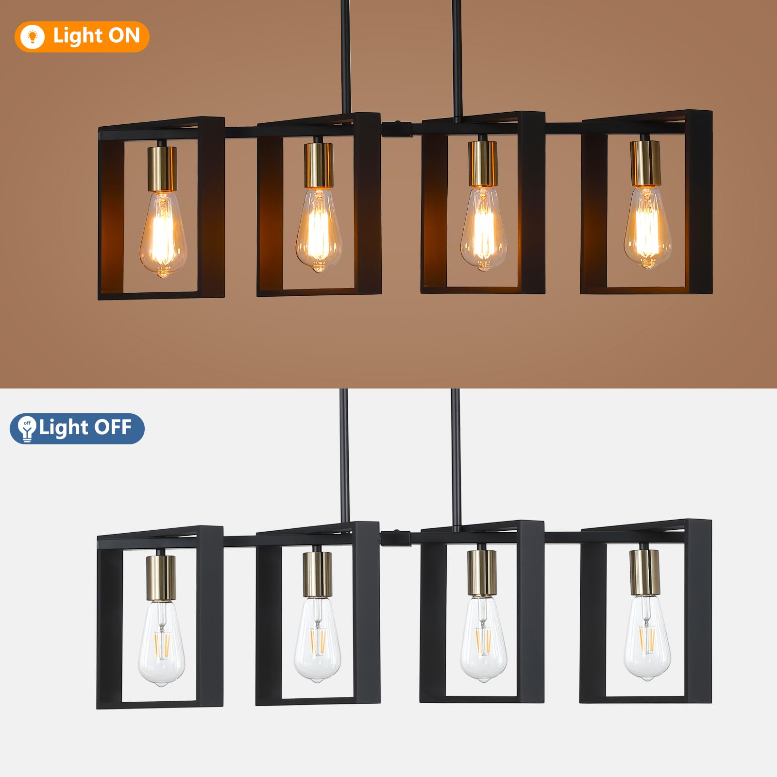 9Mmml 4 Lights Wood Chandelier,Industrial Rectangle Linear Dining Room Pendant Light, Black Wood Frame+Gold E26 Socket,Kitchen I