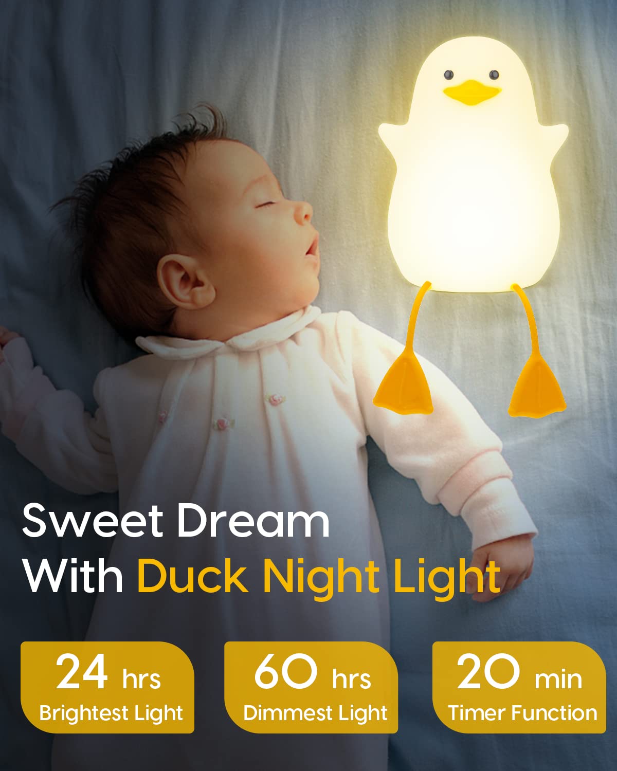 Amaredom Led Night Light For Kids, Rechargeable Duck Shape, Color Changing & Dimming Function