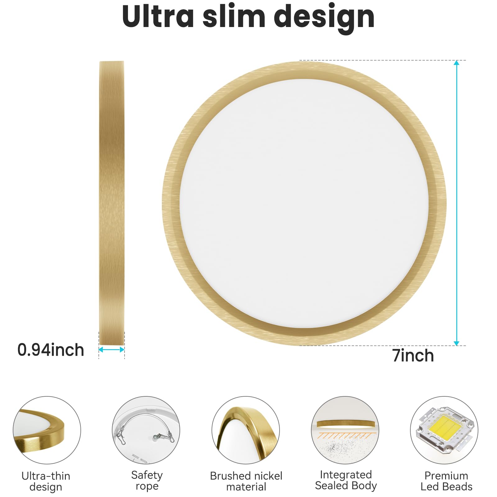 Libtit 7 Inch Golden Flush Mount Light, 15W Aureate Ceiling Light Fixture, 3000K/4000K/6500K Color Selectable, Gilded Round Ligh