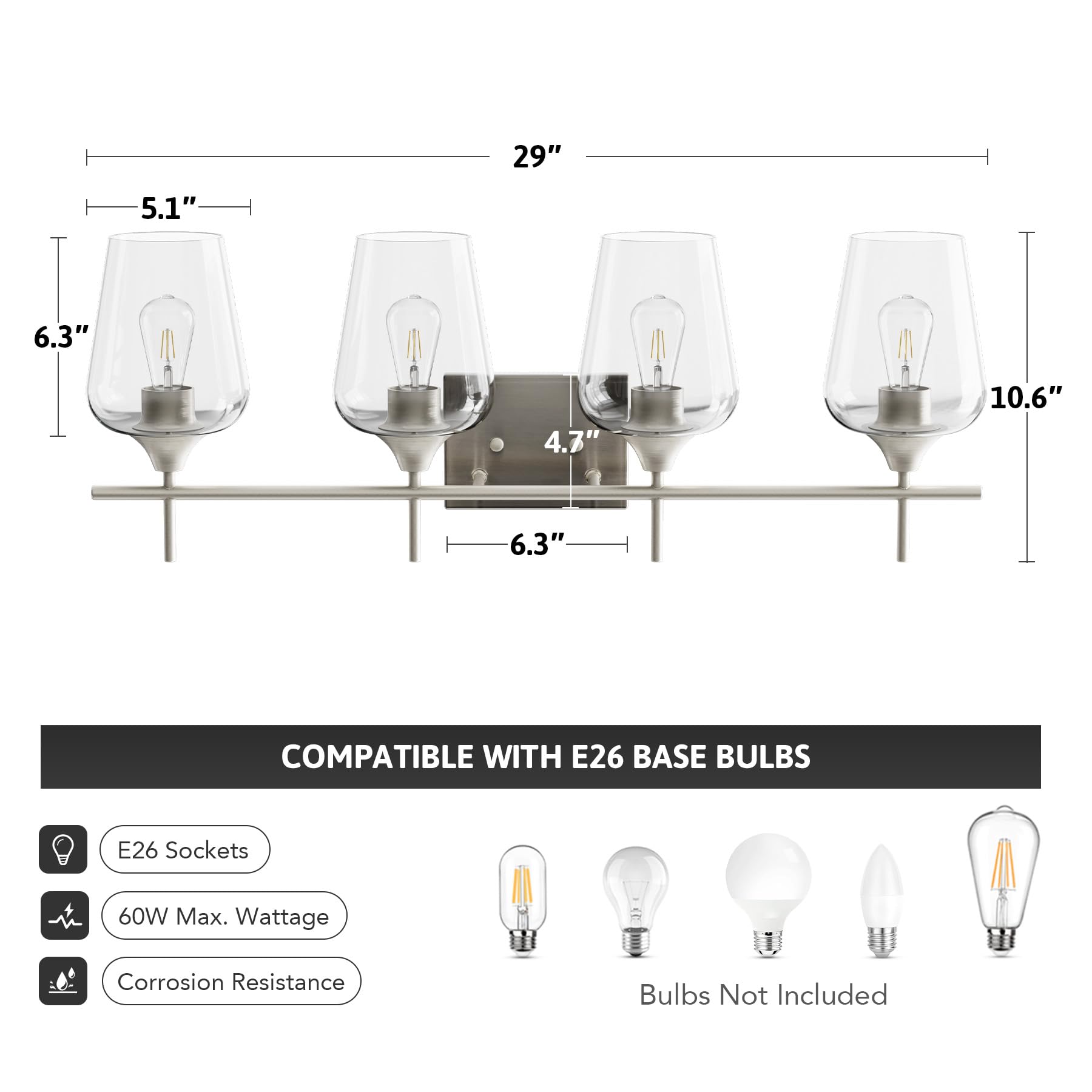 VONLUCE 4-Light Bathroom Vanity Light Fixture, Modern Brushed Nickel Wall Lamp with Clear Glass, Model HCF2804NI