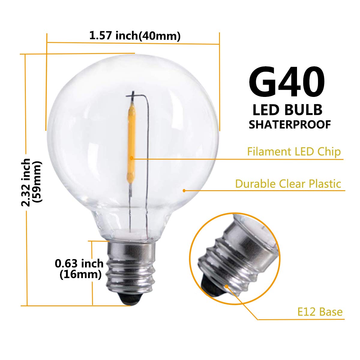 Couah 25Ft LED String Lights, G40 Clear Globe Bulbs, Shatterproof, White Wire, Indoor/Outdoor Use