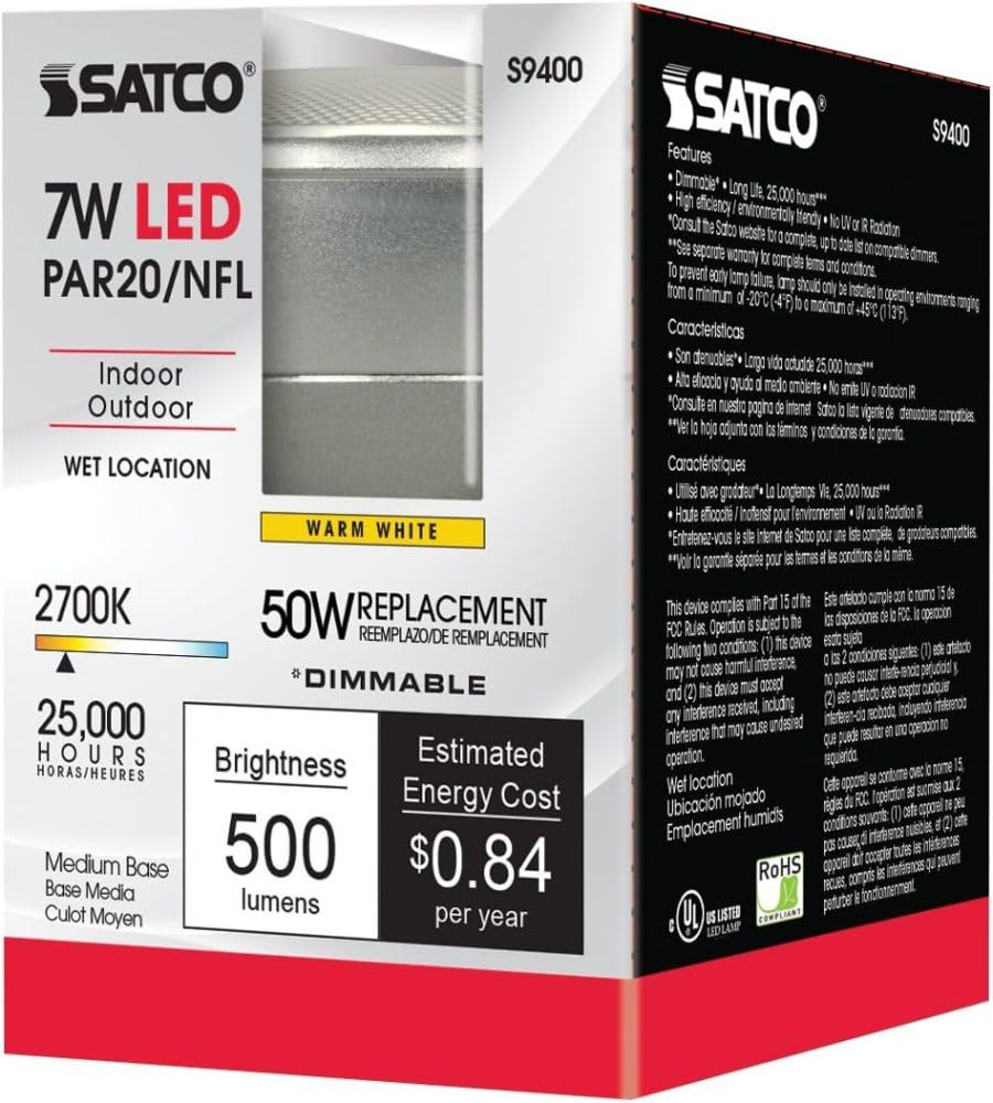 Satco Par20 LED Light Bulb, 7W, 2700K Warm White, Medium Base, Model S9400, 1 Count